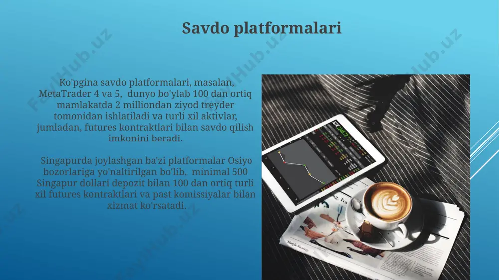 an, chikago tovar birjasida (cbot) va singapur xalqaro moliyaviy markazida (sic) faoliyat yuritadi, bu erda milliardlab dollarlik bitimlar amalga oshiriladi. foyda va zarar hisobi agar 1 lotli eur/usd kelajak kontrakti narxi 1.10 dan 1.12 gacha oshsa, va har bir lot 100,000 yevro bo'lsa, savdogar 2000 aqsh dollari miqdorida foyda ko'radi, ammo bu foyda soliqlarni hisobga olmaganda. toshkent fond birjasida kelajak kontraktlari bilan savdo qilganda, 5% marja bilan 100,000 aqsh dollari miqdorida kontrakt ochish uchun 5,000 dollar depozit kerak bo'ladi. bu depozit miqdori o'zgarishlarga uchrashi mumkin. savdo mexanizmi savdo mexanizmi, marj talablari va pozitsiyalarni yopish tartiblari kabi asosiy parametrlar 1:100gacha bo'lgan likvidlik darajasi bilan belgilanadi va bu xavfni boshqarish uchun muhimdir. kelajak kontraktlari savdosi, odatda, 25 000 lotdan ortiq hajmdagi buyurtmalarni qayta ishlashga qodir bo'lgan elektron platformalar orqali amalga oshiriladi, masalan, chicago mercantile exchange (cme) kabi yirik birjalarda. texnik tahlil texnik tahlilda, 50 kunlik eksponensial harakatlanuvchi o'rtacha (ema) va 200 kunlik …