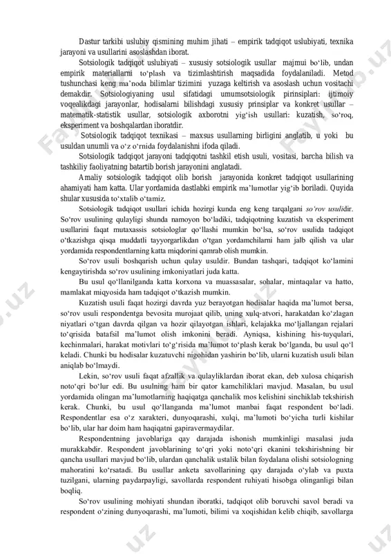 qiqot ob’ekti va predmetini belgilash.1.3. asosiy tushunchalarni ishlab chiqish.1.4. tadqiqot predmetining dastlabki taxminiy tahlili.1.5. ishchi farazni ishlab chiqish. 2. amaliy sotsiologik tadqiqotni ish jarayoni qismi:2.1. tadqiqotning umumiy rejasi.2.2. asosiy amaliy ish jarayonlari.2.3. tanlov ishlari.2.4. dastlabki olingan sotsiologik ma’lumotlarni tahlil qilish usullarining tasnifi.2.5. tadqiqot natijalarini umumlashtirish nazarda tutilgan yo‘nalishlar. 3. xulosa qismi.3.1. tadqiqot natijalarining mazmunan tasnifi.3.2. buyurtmachiga tadqiqot natijalarini taqdim qilish shakllari (asosiy xulosalardan iborat hisobot, amaliy takliflar, tavsiyalar va tadbirlardan iborat). tadqiqotning maqsad va vazifasi. dasturning ushbu qismida sotsiologik tadqiqot buyurtmachi va bajaruvchilar o‘rtasidagi munosabat o‘zaro kelishib olinadi. tadqiqot uchun sarf qilinadigan xarajatlar: moliyaviy mehnat resurslari hisoblab chiqiladi.sotsiologik tadqiqot maqsadi turlicha bo‘lishi mumkin. masalan, muayyan ishlab chiqarish korxonasida mehnat unumdorligini ko‘tarish muammosini sotsiologik tadqiqot qilish zarur bo‘lsa, bunda asosiy maqsad mehnat unumdorligi pastligining asosiy sabablarini aniqlash, mavjud yashirin iqtisodiy imkoniyatlarni qidirib topish va mavjud shart-sharoitni o‘zgartirishdan iborat. tadqiqot ob’ekti va predmeti.tadqiqot predmeti mavjud sotsiologik muammoning asosiy masalalaridan biri hisoblanadi. bir …