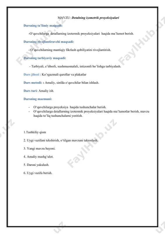 olamiz: m=k=l ,0 va n=o,5. 1-masala. berilgan geometrik jismning ortogonal proyeksiyasi yordamida proyeksiyasi yasalsin: quyidagi shaklda prizmaning dimetrik proyeksiyasi qurishi ko'rsatilgan. aylananing dimetrik proyeksiyasini yasash 1) aylananinmg v tekislikdagi dimetrik proyeksiyasini yasash quyidagi shaklda ko'rsatilgan. (ab) ┴ oy ab - ovalning katta o'qi = 1,06 d cd - ovalning kichik o'qi = 0,94 d 122- shakl 2) aylananing h tekislikdagi dimetrik proyeksiyasini yasash quyidagi shaklda ko'rsatilgan. (ab) ┴ oz ab=l,06d cd=0,35d 123-shakl . aylananing w tekislikdagi dimetrik proyeksiyasini yasash yo'li quyidagi shaklda ko'rsatilgan. 124-shakl ab┴ox 124-shakl. ab=l,06d cd=0,35d dimetriya proyeksiyadagi soyalar aksonometrik proyeksiyalarda soyalar yaqqollikni oshirish maqsadida bajariladi. nurlarning yo'nalishi aksonometriya turi bo'yicha yasalgan kubning diogonaliga parallel qilib olinadi. shaklda bitta uchi koordinata boshida, uchta yog'i proyeksiyalar tekisligida joylashgan kubning dimetriyasi bajarilgan. kubning oldingi chap yuqori uchi a bilan, o'ng orqa pastki d uchini birlashtiruvchi sa diogonalini o'tkazamiz. bu diogonalning vo'nalishi dimetrik proyeksiyalarda soyalar yasash uchun nurlar yo'nalishini aniqlaydi. soyalar …