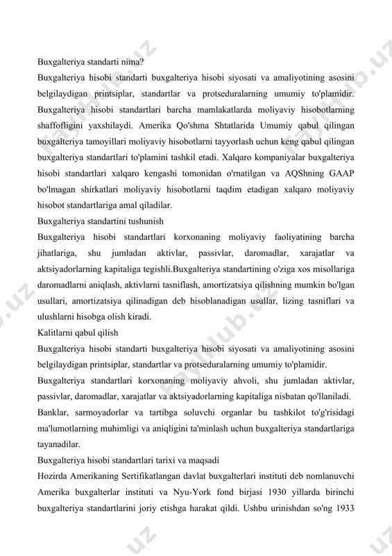 ligi va aniqligini ta'minlash uchun buxgalteriya standartlariga tayanadilar. buxgalteriya hisobi standartlari tarixi va maqsadi hozirda amerikaning sertifikatlangan davlat buxgalterlari instituti deb nomlanuvchi amerika buxgalterlar instituti va nyu-york fond birjasi 1930 yillarda birinchi buxgalteriya standartlarini joriy etishga harakat qildi. ushbu urinishdan so'ng 1933 yildagi qimmatli qog'ozlar to'g'risidagi qonun va 1934 yildagi qimmatli qog'ozlar birjasi to'g'risidagi qonun paydo bo'ldi, u qimmatli qog'ozlar va birjalar bo'yicha komissiyani yaratdi. buxgalteriya hisobi standartlari, shuningdek, barcha davlat va mahalliy boshqaruv organlari uchun buxgalteriya hisobi tamoyillari uchun hukumat tomonidan buxgalteriya standartlari kengashi tomonidan o'rnatildi. buxgalteriya standartlari iqtisodiy hodisalarni qachon, qanday aniqlash, o'lchash va namoyish qilish kerakligini belgilaydi. banklar, sarmoyadorlar va nazorat qiluvchi organlar kabi tashqi subyektlar buxgalteriya hisobi standartlariga tayanib, bu tashkilot to'g'risida tegishli va aniq ma'lumot taqdim etilishini ta'minlaydilar. ushbu texnik qoidalar hisobotlarning shaffofligini ta'minladi va moliyaviy hisobot tadbirlari uchun chegaralarni belgiladi. aqsh gaap buxgalteriya standartlari amerikalik sertifikatlangan buxgalterlar instituti buxgalteriya standartlarining birinchi to'plamini ishlab chiqdi, …
