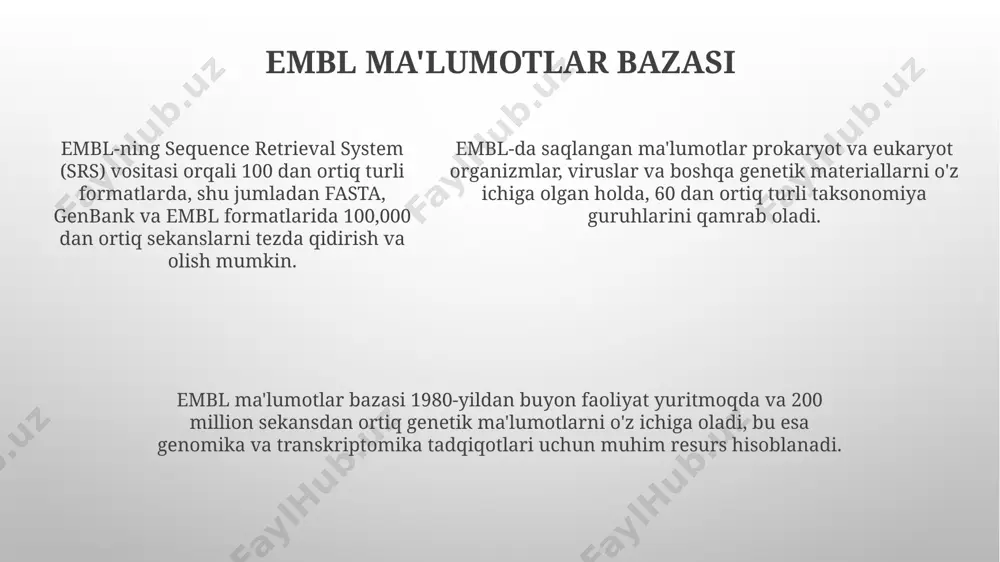 alanib, juda katta ma'lumotlar bazalarida (masalan, ncbi genbank) milliardlab ketma-ketliklarni tezkor qidirishni ta'minlaydi. blast qidiruv tizimi 100 dan ortiq turli xil biologik ketma-ketliklarni (dnk, rnk, oqsil) taqqoslash imkonini beradi va natijalarni e-qiymati va identifikatsiya darajasi bo'yicha saralaydi. ddbj haqida umumiy ma'lumot ddbj, 1986 yilda tashkil etilgan bo'lib, hozirgi kunda 100 terabaytdan ortiq ketma-ketlik ma'lumotlarini o'z ichiga oladi va har kuni yangilanib turadi. ddbj ma'lumotlar bazasi, turli xil biologik turlar uchun, jumladan, bakteriyalar, o'simliklar va hayvonlar uchun, millionlab genom ketma-ketliklarini o'z ichiga oladi. ddbj ma'lumotlar bazasi, turli xil biologik turlar uchun, jumladan, bakteriyalar, o'simliklar va hayvonlar uchun, millionlab genom ketma-ketliklarini o'z ichiga oladi. yaponiya bioinformatika ma'lumotlar bazalari yaponiya ddbj (dna data bank of japan) ma'lumotlar bazasi genomik ketma-ketliklarning 100 milliontadan ortiq yozuvlarini o'z ichiga oladi va bu dunyodagi uchta asosiy nukleotid ketma-ketlik omborlaridan biri hisoblanadi. yaponiyada joylashgan nig (national institute of genetics) institutining bir qismi bo'lgan ddbj, proteinlar va boshqa biologik …