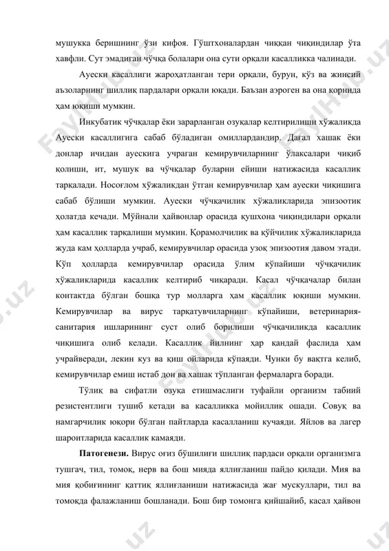 алари чиқиб қолиши, ит, мушук ва чўчқалар буларни ейиши натижасида касаллик тарқалади. носоғлом хўжаликдан ўтган кемирувчилар ҳам ауески чиқишига сабаб бўлиши мумкин. ауески чўчқачилик хўжаликларида эпизоотик ҳолатда кечади. мўйнали ҳайвонлар орасида қушхона чиқиндилари орқали ҳам касаллик тарқалиши мумкин. қорамолчилик ва қўйчилик хўжаликларида жуда кам ҳолларда учраб, кемирувчилар орасида узоқ эпизоотия давом этади. кўп ҳолларда кемирувчилар орасида ўлим кўпайиши чўчқачилик хўжаликларида касаллик келтириб чиқаради. касал чўчқачалар билан контактда бўлган бошқа тур молларга ҳам касаллик юқиши мумкин. кемирувчилар ва вирус тарқатувчиларнинг кўпайиши, ветеринария-санитария ишларининг суст олиб борилиши чўчқачиликда касаллик чиқишига олиб келади. касаллик йилнинг ҳар қандай фаслида ҳам учрайверади, лекин куз ва қиш ойларида кўпаяди. чунки бу вақтга келиб, кемирувчилар емиш истаб дон ва хашак тўпланган фермаларга боради. тўлиқ ва сифатли озуқа етишмаслиги туфайли организм табиий резистентлиги тушиб кетади ва касалликка мойиллик ошади. совуқ ва намгарчилик юқори бўлган пайтларда касалланиш кучаяди. яйлов ва лагер шароитларида касаллик камаяди. патогенези. вирус оғиз бўшилиғи шиллиқ …