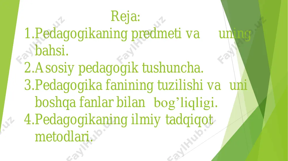 tomonlama o‘stirish, uning ongi, xulq-atvori va dunyoqarashini tarkib toptirish jarayoni. ta’lim –o‘quvchilarni nazariy bilim, amaliy ko‘nikma va malakalar bilan qurollantirish, ularning bilish qobiliyatlarini o‘stirish va dunyoqarashlarini shakllantirishga yo‘naltirilgan jarayon. bilim – shaxsning ongida tushunchalar, sxemalar, ma’lum obrazlar ko‘rinishida aks etuvchi borliq haqidagi tizimlashtirilgan ilmiy ma’lumotlar majmui. ko‘nikma – shaxsning muayyan faoliyatni tashkil eta olish qobiliyati. malaka –muayyan harakat yoki faoliyatni bajarishning avtomatlashtirilgan shakli. бўлимлар педагогиканинг умумий асослари тарбия назарияси ва амалиѐти дидактика (таълим назарияси) педагогика тарихи 1. педагогика фани ҳақида умумий тушунча. педагогиканинг предмети, мақсад ва вазифалари. 2. кадрлар тайѐрлаш миллий модели ва унинг моҳияти. кадрлар тайѐрлаш миллий дастурини амалга ошириш босқичлари. 3. педагогика – тарбия ҳақидаги фан. 4. ўзбекистонда узлуксиз таълим тизими. 1. таълим жараѐни. 2. таълим мазмуни. 3. таълим тамойиллари. 4. таълимни ташкил этиш шакллари. 5. таълим методлари. 6. таълим воситалари 1. мустақил ўзбекистонда тарбия жараѐни. 2. тарбия тамойиллари ва усуллари. 3. миллий онгни тарбиялаш жараѐни. 4. тарбия …