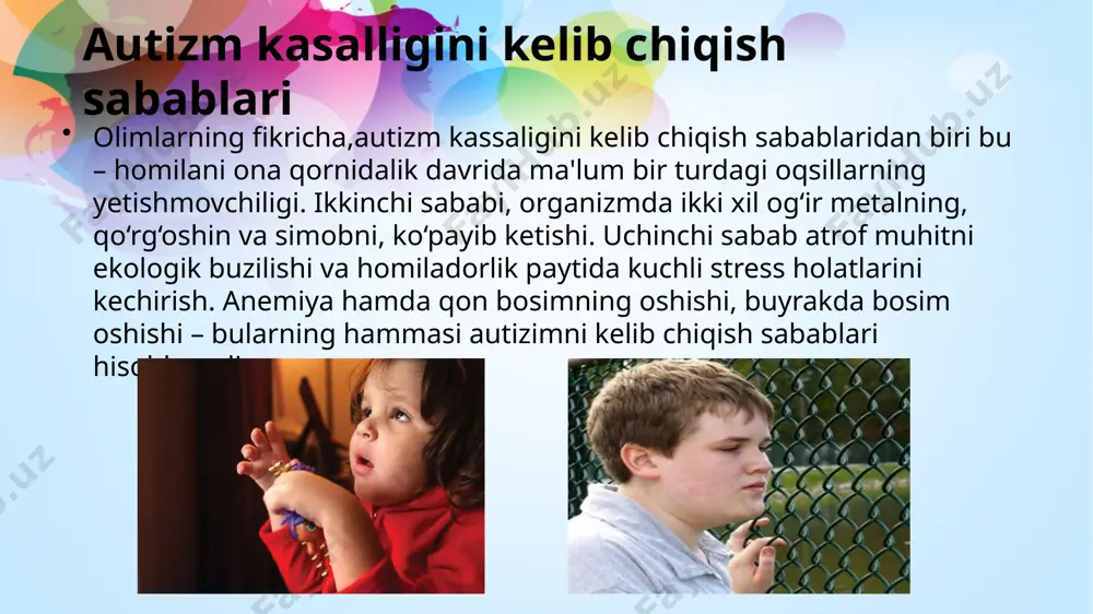 mutizm holatigacha. exolaliyalar, ya'ni so‘zlarni takrorlash, ota-onadan eshitgan iboralarni qayta-qayta aytib yurish yoki multfilmda eshitgan so‘zlarni doimo aytib yurish, bu asperger sindromi deyiladi; ovqatni tanlab yeyish, ishtaha sustligi, uyquning yomonlashuvi; buyruqlarni bajarmaslik, buyumlarni ko‘rsatsa qaramaslik, o‘zining ismiga e'tibor bermaslik; •belgilangan tartibga qat'iy rioya qilishi, ya'ni bir vaqtda uyg‘onishi, buyumlarni bir joyda saqlash, jismlar shakliga qarab saralash va shu kabilar; so‘zlashish qobiliyatining yaqqol buzilishi kattalar kabi iboralar ishlatib gapirish, bir xil so‘zlarni takrorlab yurish, dialogga kirishmaslik; autizm belgilari davomi xavflardan qo‘rqmaslik: balandlik, avtotrassa, hayvonlardan qo‘rqmaslik, lekin oddiy buyumlardan qo‘rqish, masalan qaynab turgan choynak, elektr yoqgich va shu kabilar; harakatlardagi takrorlar aylanib turish, tebranib turish, imo-ishoralarning takrorlanishi; jahldorlik, kulgi, vahimaning o‘z-o‘zidan paydo bo‘lishi; ba'zi bir g‘ayritabiiy holatlarga e'tibor qaratish, masalan eslab qolish qiyin bo‘lgan sonlarni eslab qolish, qo‘shiqlar so‘zlarini esda saqlash, o‘qib bo‘lmaydigan yozuvlar yozish; cheklangan va takrorlanadigan faoliyat va qiziqishlar autizm bilan og'rigan odamlar takrorlanuvchi yoki cheklangan xatti-harakatlarning ko'plab shakllarini namoyish …