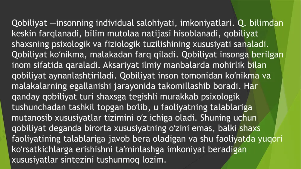 lab otish lozimki, ulardagi formulalar bolalar intellektini olchashda qollaniladi. katta yoshli kishilar intellektini baholash uchun boshqa mezon, individual natijani biror meyor (kopchilikni organish natijasida tajriba yoli bilan topilgan) bilan taqqoslanadi. kreativlik (ijodiy qobiliyatlar). korsatib otganimizdek birgina iq (intellekt koeffitsienti) asosida kishini ishga qabul qilish, uning imkoniyatlarini baholash notogri bular edi. shu sababli 50 yillardan boshlab aqliy rivojlanishni organish bilan bir qatorda kishining ijodiy qobiliyatlarini ham organish va olchashga katta etibor berib boshlandi. bu borada maxsus testlar yaratildi. psixomotor qobiliyatlar - harakatlar va harakatlar tizimini amalga oshirish va boshqarishning psixologik va motor (harakat) asoslari. ularga quyidagilar kiradi: statistik kuch; dinamik kuch; keskin harakatlardagi kuch; umumiy moslashuvchanlik qobiliyati; epchillik; umumiy chidamlilik; maxsus faoliyatga chidamlilik; muvozanatni tuta olish. biror faoliyatning ayniqsa muvaffaqiyatli, mustaqil va original tarzda bajarilishini taqozo qiladigan zor qobiliyatlar birikmasi talant deyiladi. ijodiy faoliyatga qobiliyatli bolgan kishilarni talantli kishilar jumlasiga kiritish mumkin. shaxs qobiliyatlarining rivojlanish darajasi ikki turga bo'linadi: - reproduktiv, …