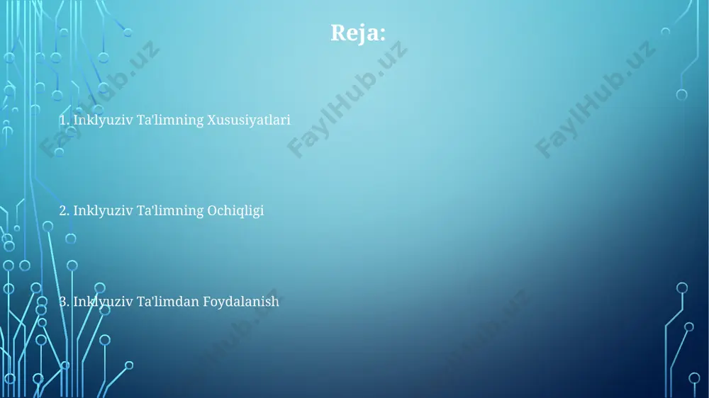 rning 30% ga yaqinini qamrab oladi va individual ehtiyojlarni hisobga olgan holda shaxsiylashtirilgan ta'lim rejalari ishlab chiqiladi. inklyuziv ta'limda o'quvchilarning roli inklyuziv sinflar o'quvchilarga o'zlarining kuchli va zaif tomonlarini aniqlash, 2-3 ta strategiyani qo'llash orqali kamchiliklarini bartaraf etish va o'z-o'zini boshqarish ko'nikmalarini rivojlantirish imkoniyatini beradi. o'quvchilarning 70% dan ortig'i inklyuziv sinflarda o'z tengdoshlari bilan hamkorlikda ishlash orqali muvaffaqiyatli natijalarga erishishini ko'rsatuvchi tadqiqotlar mavjud. inklyuziv ta'limda o'quvchilar o'zlarining o'rganish uslublarini 3-5 ta turli yo'nalishda namoyon etishlari mumkin, bu esa individual yondashuvni talab qiladi va ularning potensialini ochishga yordam beradi. inklyuziv ta'limni rivojlantirish bo'yicha tavsiyalar inklyuziv sinflarni tashkil etishda kamida 2 nafar maxsus pedagog va psixologning ishtiroki, shuningdek, har bir o'quvchi uchun individual ta'lim rejasining mavjudligi majburiy hisoblanadi. inklyuziv ta'limni rivojlantirishda kamida 15% davlat budjeti mablag'larini inklyuziv ta'lim muassasalarini jihozlash va o'qituvchilarni qayta tayyorlashga yo'naltirish zarur. inklyuziv ta'lim samaradorligini oshirish uchun 5 yildan kam bo'lmagan muddatga mo'ljallangan milliy strategiya ishlab chiqish va …