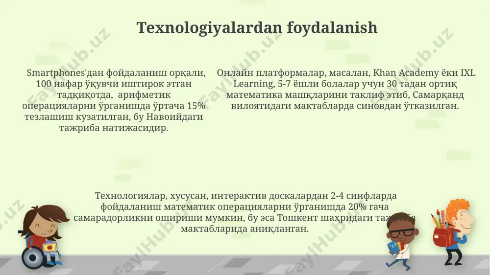 glashtirish va qo'shish tushunchasini to'liq anglamaydilar. andijon hududida o'tkazilgan tadqiqotlar geometrik shakllar bilan bog'liq arifmetik masalalarni (masalan, 5 sm tomonli kvadratning perimetrini hisoblash) yechishda o'quvchilarning "perimetr" va "yuza" terminlarini chalkashtirib yuborishlarini ko'rsatdi. 1-10 gacha bo'lgan sonlarni o'qish va yozishda toshkentdagi maktablarda ko'pincha raqamlarning tartibini noto'g'ri tushunish holatlari kuzatiladi, bu esa keyinchalik murakkab arifmetik amallarni bajarishda qiyinchiliklar tug'diradi. e'tiboringiz uchun rahmat @taqdimot_robot image1.png