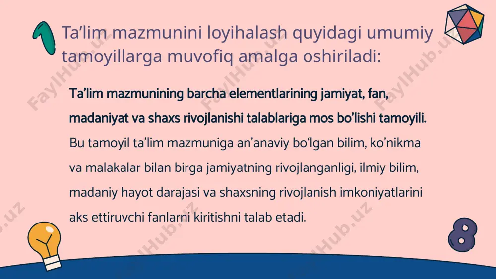 rs jadvalini ishlab chiqish uchun asos hisoblanadi. tayanch o‘quv reja umumta’lim fanlari bo'yicha belgilangan ta’lim mazmunini o‘quvchiga yetkazish uchun ajratilgan o'quv soatlari (davlat ixtiyoridagi va maktab ixtiyoridagi soatlar)ning minimal hajmini belgilaydi. pedagog kadrlar salohiyati hamda moddiy-texnika bazasi yetarli bo‘lgan umumiy o‘rta ta’lim muassasalarida qoraqalpog‘iston respublikasi xalq ta’limi vazirligi, toshkent shahar xalq ta’limi bosh boshqarmasi va viloyatlar xalq ta’limi boshqarmalarining ruxsati bilan umumiy o‘rta ta’lim muassasalarining pedagogik kengashlariga dars jadvalini tuzishda tayanch o‘quv rejadagi umumiy soatlar hajmidan oshmagan holda, ma’lum bir fanlarni chuqurlashtirib o‘qitish maqsadida 15%gacha o‘zgartirish kiritish huquqi beriladi. umumiy o’rta ta’limning o’quv dasturi . umumiy o‘rta ta’limning o‘quv dasturi tayanch o‘quv rejaga muvofiq o‘quv fanlarning sinflar va mavzular bo‘yicha hajmi, mazmuni, o'rganish ketma-ketligi va shakllantiriladigan kompetensiyalari belgilangan hujjat hisoblanadi. o'quv dasturi 0 ‘zbekiston respublikasi xalq ta’limi vazirligi tomonidan ishlab chiqiladi va tasdiqlanadi. umumiy o’rta ta’limning malaka talablari umumiy o‘rta ta’limning malaka talablari umumta’lim fanlari bo'yicha ta’lim mazmunining majburiy minimumi …