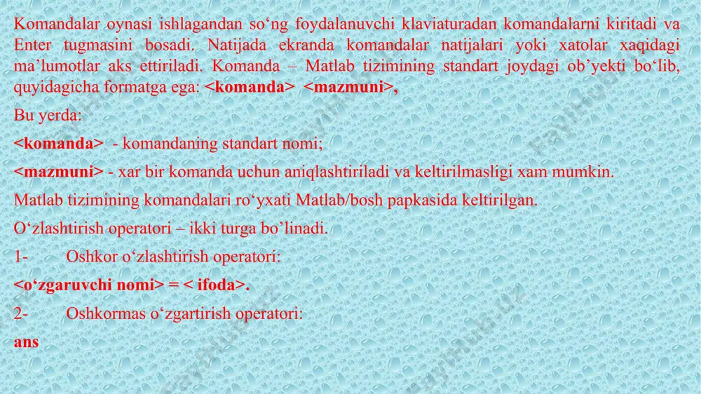 ish va hokazolar) uchun standart panelida joylashgan quyidagi tugmalar bosiladi: formatting panelidagi tugmalar tarkibi tanlashimiz math panelining tarkibiy tuzulishi math dasturida ikki o’lchamli grafiklar yasash dasturlash elementlaridagi har bir operatorning vazifasi. · add line – qora uzun vertikal chiziqdan iborat bo’lib, chiziqdan o’ng tomonda dasturni yozish uchun joy ajratadi va dasturni boshi va oxirini bildiradi. ·← - lokal o’zlashtirish operatori. ·if – shart operatori. ·for – takrorlash operatori. ·while- shartli takrorlash operatori. ·otherwise- boshqa hollarda. ·break – to’xtatish. ·continue- davom ettirish. ·return- qaytarish. ·on error- xatolik. e’tiboringiz uchun raxmat! image1.jpeg image2.png image3.png image4.png image5.png image6.png image7.png image8.png /docprops/thumbnail.jpeg