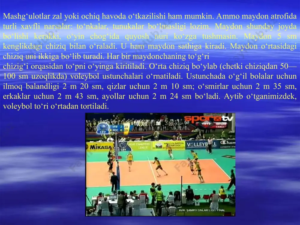 nadi. to‘pni bir qo‘llab pastdan qabul qilib olish. bu usul aniqligi kam bo‘lsa-da, ba’zan qo‘llaniladi. to‘g‘rilangan qo‘l, qattiq siqilgan panjalar to‘pning yo‘lini to‘sadi (to‘p musht, kaft yoki bilaklar bilan uriladi). bu harakatlarda oyoq qatnashmaydi. to‘pni oshirish. òo‘pni o‘yinga kiritish oshirish deb nomlanadi. zarb uchun qulay bo‘lgan qat’iy turish, yuqoriga otish, qo‘lni siltab to‘pni urish va to‘pni urgandan keyingi o‘yinchining harakatlari oshirishning asosiy xususiyatlari hisoblanadi. oshirishda to‘pni musht yoki kaft bilan uriladi. yuqoriga to‘pni bir qo‘l bilan otiladi. yuqoriga otish yo‘nalishi va balandligi oshirishni bajarish usuliga bog‘liq. to‘p bosh ustidan urilsa — yuqori, pastdan urilsa—quyidan oshirish deyiladi. o‘quvchi to‘rga qarab tursa—to‘g‘ri, yon bilan tursa—yonlama to‘p oshirish deyiladi. oshirishning to‘rt xil usuli mavjud: pastdan to‘g‘riga, pastdan yon bilan, yuqoridan to‘g‘riga, yuqoridan yon tomon bilan.pastdan to‘g‘riga oshirish. bu usul boshlovchilar uchun asosiy hisoblanadi. oshirish to‘r tomonga qarab turib bajariladi. òirsakdan bukilgan bir qo‘li bilan o‘yinchi to‘pni ushlab turadi. to‘pga zarb berish uchun boshqa …