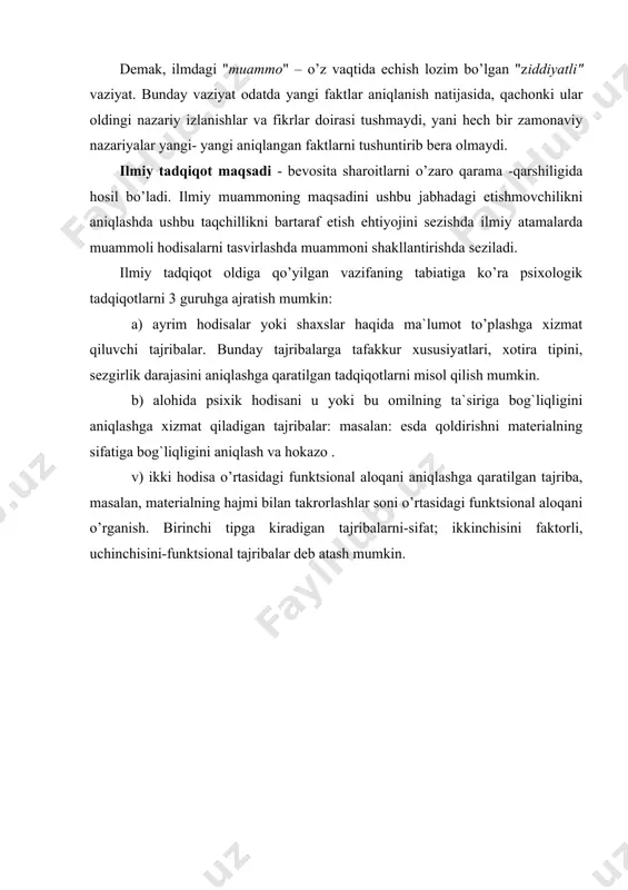 a rivojlangandir, degan taxminni aytish (farazni olg`a surish) mumkin. yo bo’lmasa, odam psixikasi butun bir ta`lim jarayoni sifatida rivojlanib borishi va faoliyat ko’rsatishini bilib olinganidan keyin nutq va tafakkurning rivojlanish darajasi o’rtasida o’zaro aloqa mavjudligi to’g’risidagi farazni olg`a surish mumkin. yoki gipotezaga oid boshqa bir misolni olaylik: kishi o’z qadrini bilishi shaxsning xususiyatlaridan biri sifatida kishining o’smirlik yoshida ko’proq darajada intensivlik bilan shakllanishini xamda o’smirning o’ziga o’zi qanday baho berishi ko’p jihatdan tevarak-atrofdagi kishilarning unga bo’lgan munosabatlari bilan belgilanishini bilgan holda shunday taxmin qilishi mumkinki, o’smirni u yoki bu guruhga kiritilishi uning shaxsiga nisbatan tevarak-atrofdagi kishilar tomonidan xurmat bildirish ehtiyojining mavjudligi bilan izoxlanadi. bu ayni mana shu guruhda qondiriladi. fan metodologiyasida farazlar nazariy va empirik holatlar kabi eksperimental farazlarga ajratiladi. nazariy farazlar ichki nazariyalar va nazariy bilimlar asosida vujudga keladi. fan farazlari tugallanuvchi, davom ettiriluvchi xarakterga ega bo’lishi kerak. ikkinchi tur farazlar eksperimental usullar bilan muammolarni hal etuvchi holatlardir. eksperimental …