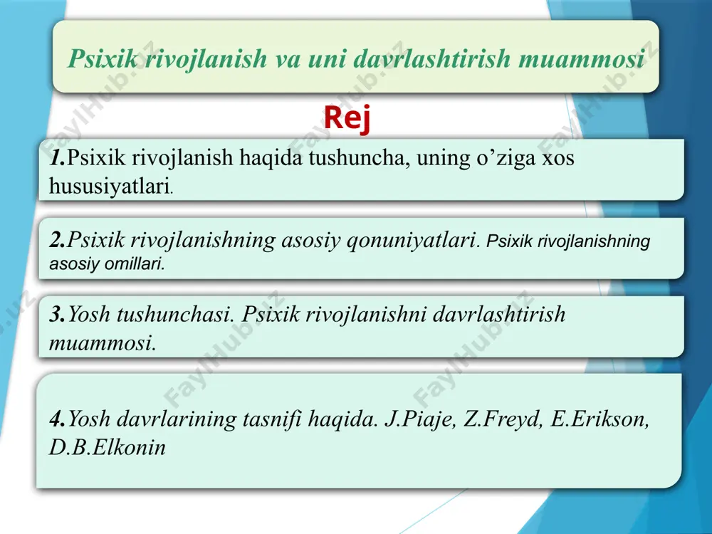 terminizm - psixika hayot sharoiti bilan bog'liqligini anglatib, tashqi sharoitlar o'zgarishi bilan o'zgaradi. psixika – ongni faoliyatda rivojlanishi psixikani to'g'ri tushunish mumkin bo'lsa psixikaga taraqqiyot mahsuloti va faoliyat natijasi deb qaralsa, uni to'g'ri tushunish, hamda tushuntirib berish mumkin ong va faoliyat birligi - ong va faoliyat bir butunlikni tashkil etmaydi. ong inson faoliyatini ichki rejasini tuzib beradi. 7 tamoyil ma'lum faoliyatni bajarishda tayaniladigan dastlabki qoidalar tizimidir determinizm tamoyili psixika yashash sharoiti bilan belgilanadi va sharoit o'zgarishi bilan o'zgaradi ong va faoliyat birligi ong va faoliyat birligi 8 psixika va ongning faoliyatda taraqqiy etish tamoyili psixikaga taraqqiyot mahsuloti va faoliyat natijasi deb qaralsa, uni to'g'ri tushunish hamda tushuntirib berish mumkin. bu tamoyil l.s.vigotskiy, s.l.rubinshteyn, v.m.teplov kabi psixologlar ishlarida o'z aksini topgan. l.s.vigotskiy ta'lim psixikani rivojlantirishga yo'naltirishini, p.p.blonskiy esa tafakkurning kichik maktab yoshida o'yinlar bilan o'spirinlik yoshida o'qish bilan bog'liq tarzda rivojlanishini tahlil qildi. s.l.rubinshteyn "ong faoliyatda paydo bo'lib, faoliyatda shakllanadi" degan …