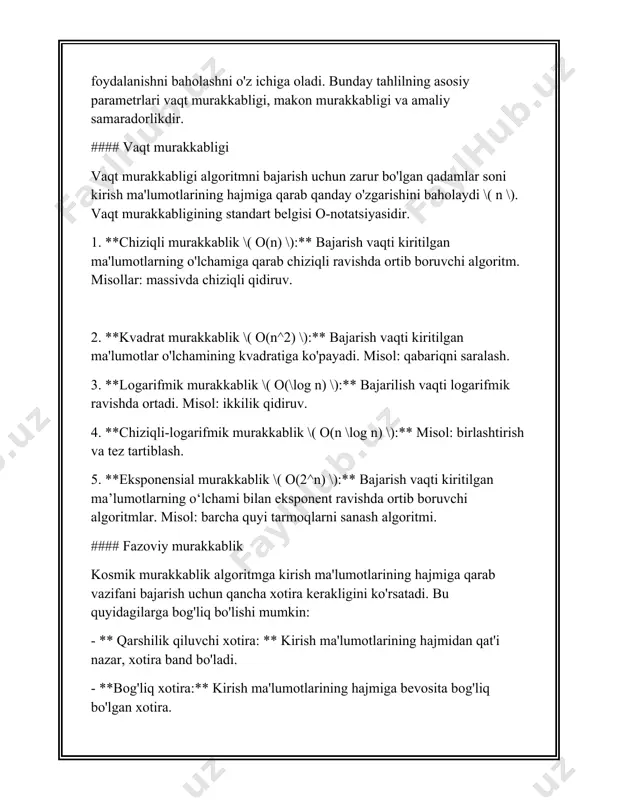 iy og'irlik qirralari bo'lgan muammolarni echishga qodir. #### xulosa algoritmlarni qiyosiy tahlil qilish muammoning cheklovlari va mavjud resurslarni hisobga olgan holda optimal yechim usulini tanlash imkonini beradi. algoritmni tanlashda vaqt va makon murakkabligining nazariy baholarini ham, maqsadli arxitekturaning amaliy samaradorligini ham hisobga olish kerak. 3. chiziqli qidiruv chiziqli qidiruv, shuningdek ketma-ket qidiruv deb ham ataladi, bu oddiy qidiruv usuli bo'lib, unda ro'yxatdagi elementlar qidirilayotgan element topilgunga qadar yoki butun to'plam qidirilguncha ketma-ket tekshiriladi. ushbu qidiruv algoritmi tartiblangan va tartibsiz ma'lumotlar tuzilmalariga taalluqlidir va uning eng yomon va o'rtacha murakkabligi o(n), bu erda n - ro'yxatdagi elementlar soni. chiziqli qidiruv har bir elementni qidirish qiymati bilan taqqoslab, massiv yoki ro'yxatdagi har bir yozuvdan o'tadi. agar qidirilayotgan element topilsa, algoritm topilgan elementning indeksini qaytaradi. agar u topilmasa, odatda element yo'qligini ko'rsatadigan indikator qaytariladi, masalan -1. chiziqli qidiruvning asosiy xususiyatlari: 1. amalga oshirish oson. 2. elementlarni dastlabki saralashni talab qilmaydi. 3. deyarli har …