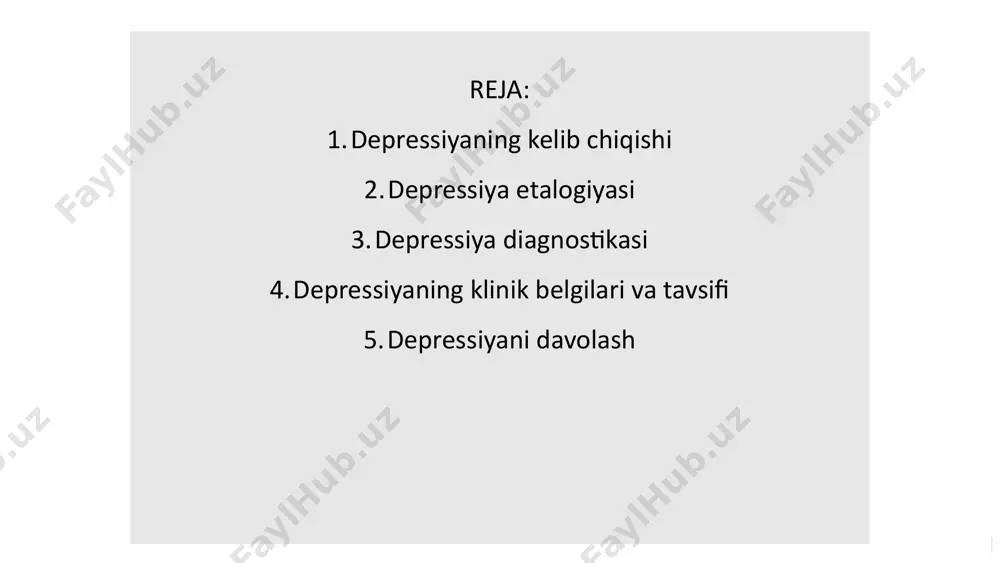 o‘ladi, bunday paytlarda uning og‘ir turi haqida so‘z yuritiladi. somatik simptomlar ustunlik qiluvchi yoki ruhiy-hissiy buzilishlarsiz faqat somatik simptomlar bilan kechuvchi depressiyalar ham mavjud. bunday hollarda diagnozni to‘g‘ri aniqlash ancha vaqtni talab qiladi, ba’zan u aniqlanmay qoladi. depressiyani erta aniqlash o‘ta muhim muammolardan biridir. ba’zi ma’lumotlarga ko‘ra, depressiya bilan og'rigan bemoriarning 80 % umumiy amaliyot shifokorlariga va 20 % yaqini psixiatrlarga murojaat qiladi, holos. 4 depressiya diagnostikasi depressiya aksariyat hollarda bemorlar tomonidan ham, yaqinlari tomonidan ham, ba’zan vrachlar tomonidan ham yomon xulqatvoming bir ko'rinishi sifatida qabul qilinadi va shu sabablarga ko‘ra, vaqtida aniqlanmay qoladi. psixosomatik buzilishlar bilan namoyon bo‘ladigan depressiya ham o‘z vaqtida aniqlanmay “ichki kasalliklar” diagnozlari qo‘yiladi. depressiya - faqat kayfiyatning tushishi bilan bog'liq bo‘lgan holat emas, balki bir nechta simptomlardan iborat kasallikdir. bu kasallikni erta aniqlash va davolash muolajalarini erta boshlash bemorning depressiyadan tezda chiqib ketishiga yordam beradi. ba’zan bemorlar “depressiya” diagnozi aniqlangandan so‘ng ham vrachga yoki psixologga …