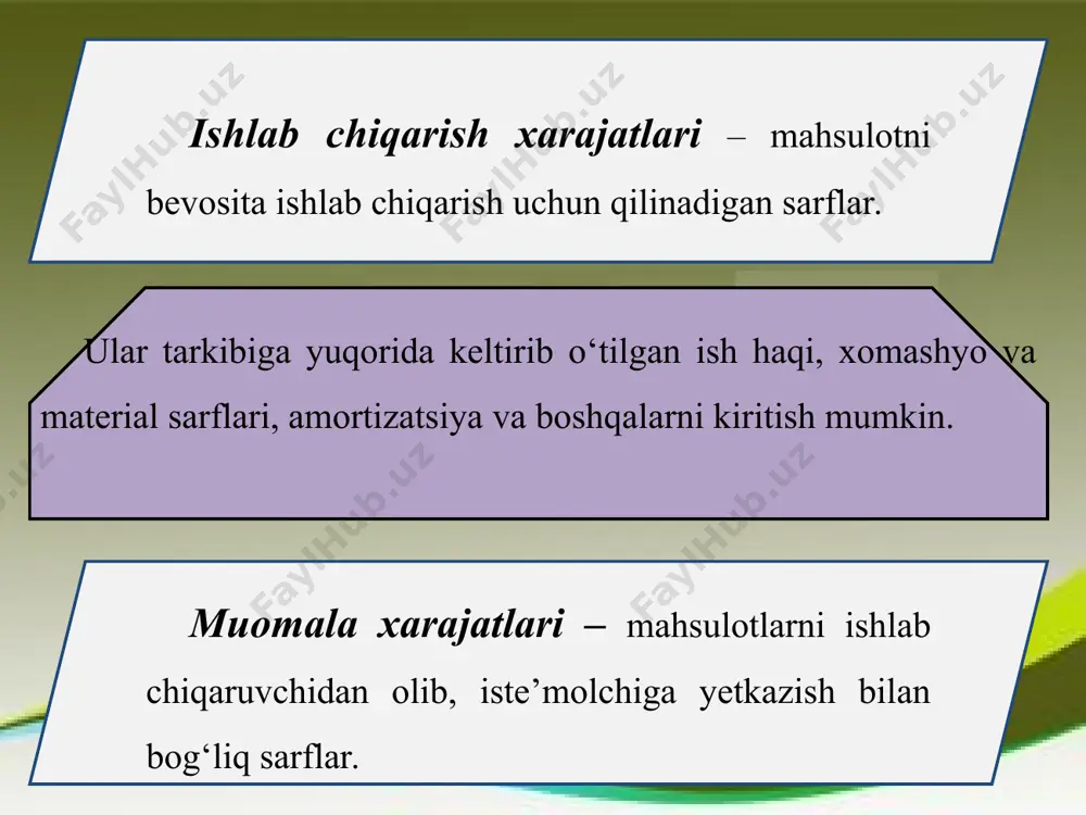– o‘rtacha umumiy xarajatlar; tc – yalpi (umumiy) xarajatlar; q (quantity) – ishlab chiqarilgan mahsulot miqdori. o‘rtacha doimiy xarajatlar doimiy xarajatlarning ishlab chiqarilgan mahsulot miqdoriga nisbati bilan aniqlanadi: bu yerda: afc (average fixed cost) – o‘rtacha doimiy xarajatlar; fc – doimiy xarajatlar summasi. o‘rtacha o‘zgaruvchan xarajatlar o‘zgaruvchan xarajatlarning ishlab chiqarilgan mahsulot miqdoriga nisbati bilan aniqlanadi: bu yerda: avc (average variable cost) – o‘rtacha o‘zgaruvchan xarajatlar; vc – o‘zgaruvchan xarajatlar summasi. shuningdek, o‘rtacha umumiy xarajatlarni o‘rtacha doimiy va o‘rtacha o‘zgaruvchan xarajatlarning yig‘indisi sifatida ham ifodalash mumkin: ac = afc + avc eng yuqori darajada foyda olishga erishish uchun tovar ishlab chiqarishning zarur miqdorini aniqlash zarur. bunda chegaraviy xarajatdan foydalaniladi. chegaraviy xarajat – mahsulotning navbatdagi birligini ishlab chiqarish bilan bog‘liq qo‘shimcha xarajat: bu yerda: mc (marginal cost) – chegaraviy xarajat; ∆tc – umumiy xarajatlarning o‘zgarishi; ∆q – mahsulot miqdorining o‘zgarishi.