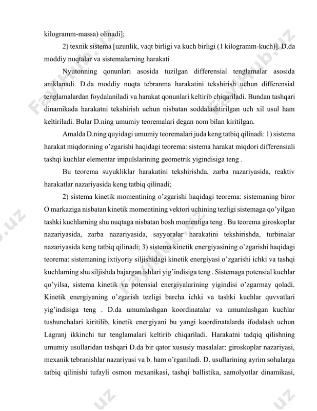 katni tadqiq qilishning umumiy usullaridan tashqari d.da bir qator xususiy masalalar: giroskoplar nazariyasi, mexanik tebranishlar nazariyasi va b. ham o’rganiladi. d. usullarining ayrim sohalarga tatbiq qilinishi tufayli osmon mexanikasi, tashqi ballistika, samolyotlar dinamikasi, raketalar dinamikasi kabi sohalar paydo bo’ldi. b; impuls (lot. impulsus — zarba, turt-ki) — 1) mexanikada — mexanik harakat o’lchovi; moddiy nuqta deb hisoblanishi mumkin bo’lgan jism massasi t ni uning harakat tezligi v ga ko’paytmasiga teng bo’lgan kattalik: r= mv. har qanday qattiq jismni n ta moddiy nuqtadan iborat deb qaraladi. qattiq jismning i.i uni tashkil etuvchi moddiy nuqtalar i.larining vektor yig’indisiga teng . tashqaridan g’kuch taʼsir etayotganida jism i. i ham son qiymati bo’yicha, ham yo’nalishi bo’yicha o’zgarishi mumkin. 2) to’lqin i. — elektromagnit to’lqinlari ham i.ga ega ekanligi, mas, yorug’lik nurlarining to’siqqa bosim ko’rsatishi orqali namoyon bo’ladi. yorug’lik zarrasi — fotonning tinchlikdagi massasi ty bo’lmaydi, yaʼni u tinch holatda mavjud bo’la olmaydi, paydo bo’lgan …