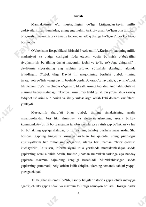 sintaktik konstruksiya va kategoriyalar oʻrganiladi. bular quyidagilar: i. gapning ajratilgan boʻlaklari. ii. gapning uyushiq boʻlaklari. iii.undalmalar. iv.kirish boʻlaklar. murakkab gap sintaksisida sodda gap tarkibida kelib, ularni murakkab gaplarga aylantiruvchi sintaktik konstruksiyalardan biri sifatida gapning ajratilgan boʻlaklari koʻrsatiladi. ularda mazmunan ma’lum maqsad ifodalanadi; ma’lum darajada predikativlik, hukm anglashiladi: bu tomonning har yoni ochiq, atrofdagi togʻlar baralla koʻrinar, bu yerning havosiyam boshqacha – toza, oʻpka toʻlib nafas olar edi. keyin bu tomonda boʻsh yerlar, ya’ni bedazorlar moʻl, u yerlarda bemalol chopqillab oʻynash mumkin edi. biror gap boʻlagini ajratishda “soʻz tartibi, ajratilgan boʻlakning hajmi, oʻziga xos intonatsiyasi, pauza, soʻz aloqasining xarakteri”[footnoteref:1] kabi belgilar e'tiborga olinadi. ajratilgan boʻlakning oʻziga xos semantik funksiyasi boʻladi. bu hususiyat shundan iboratki, ajratish orqali ma’lum boʻlakning ma’nosi ajratib, boʻrttirib koʻrsatiladi, boshqa gap boʻlaklaridan ayirib, diqqat shu boʻlakka jalb etiladi. bu logik ajratish intonatsiyada ham oʻz ifodasini topadi, ajratilgan boʻlak boshqa gap boʻlaklaridan farqlanuvchi alohida intonatsiya bilan talaffuz etiladi. ajratilgan …