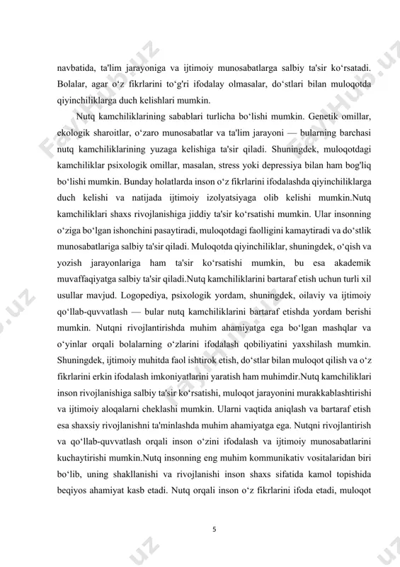 ar kuzatiladi. bu muammolar turli omillar natijasida yuzaga kelib, bolaning shaxsiy rivojlanishiga hamda uning jamiyatga moslashuv jarayoniga sezilarli ta’sir ko‘rsatishi mumkin.nutq kamchiliklari turli shakllarda namoyon bo‘lib, ular orasida eng ko‘p uchraydiganlari dislaliya, dizartriya, alaliya, bradilaliya, taxilaliya, disleksiya va disgrafiya hisoblanadi. har bir nutq buzilishi bolaning psixologik holatiga, shaxsiy fazilatlariga hamda ijtimoiy faolligiga o‘ziga xos ta’sir ko‘rsatadi. dislaliya – bu talaffuz buzilishi bo‘lib, unda bola ayrim tovushlarni noto‘g‘ri talaffuz qiladi yoki umuman ayta olmaydi. bu buzilish asosan artikulyatsion organlarning yetarlicha rivojlanmaganligi yoki noto‘g‘ri ishlashidan kelib chiqadi. dislaliyaga chalingan bolalar ko‘pincha o‘zlariga bo‘lgan ishonchni yo‘qotadi, chunki atrofdagilar ularning nutqidagi xatolarni payqab, kulishi yoki tushunmasligi mumkin. bu esa ularning ijtimoiy muloqotga bo‘lgan ishtiyoqini kamaytiradi, uyatchanlik va befarqlik holatlarini yuzaga keltiradi. dizartriya – bu markaziy yoki periferik asab tizimining shikastlanishi natijasida paydo bo‘ladigan nutq buzilishi bo‘lib, bunda bolaning ovozi, nafas olish tartibi va artikulyatsiyasi buziladi. dizartriyaga chalingan bolalar ba’zan tovushlarni noaniq talaffuz qiladi, ovozlari …