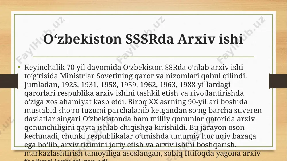 a»gi qonunga quyidagi asosiy о‘zgartishlar kiritildi:yangi qonun xajm jixatidan kengaytirilib, u 6 ta bob, 36 ta moddadan iborat. uni ishlab chiqishda arxiv ishi rivojining bugungi holati, xozirgi zamon konunchilik texnikasi talablari har tomonlama inobatga olingan. arxiv haqidagi qonunning 4- bobi arxivlarni tashkil etish shartlari yangi qonunning 4-bobida о‘z ifodasini topgan bо‘lib, unda arxivlarni tashkil etish uchun arxiv hujjatlarini saqlash va ulardan foydalanish talablariga javob beradigan moddiy-texnika bazaning, shu jumladan bino (xonalar), zarur jihozlar, muhofaza vositalari hamda yong‘inga qarshi vositalar bilan jixozlangan bо‘lishi majburiyligi hamda maxfiy arxivlar tashkil etishga yо‘l qо‘yilmasligi alohida qayd etilgan. arxivlar va idoraviy arxivlardagi hujjatlarning but saqlanishini ta’minlash esa tо‘g‘ridan-tо‘g‘ri arxivlar va tashkilotlari rahbarlarining zimmasiga yuklatildi. 2010- yil yangi tahrirdagi qonun hujjatlari oliy majlis qonunchilik palatasi tomonidan qabul qilingan “arxiv ishi tо‘g‘risida”gi qonun 2010 yilning 7-8 may oyida bо‘lib о‘tgan oliy majlis senatining ikkinchi yalpi majlisida kо‘rib chikilib, tasdiqlangan. qonun о‘zbekiston respublikasi prezidenti tomonidan 2010 yil 15 …