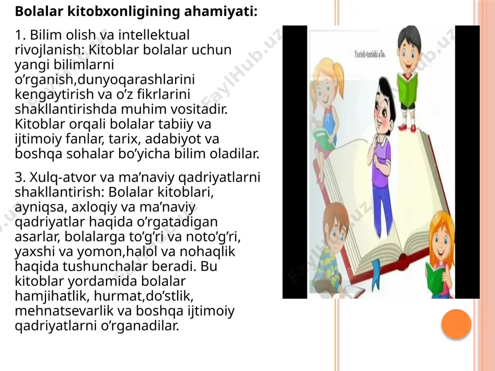 erli voqea va hodisalarni badiiy obrazlar orqali bolalar nutqiga mos tilda, ularning yoshi, ruhiyati va saviyasiga muvofiq ravishda tasvirlashi lozim. bolalar kitobxonligining afzalliklari: 1. bilim olish va kognitiv rivojlanish: kitob o’qish bolalarning fikrlash, mantiqiy tafakkur va tahlil qilish ko’nikmalarini rivojlantiradi. 2. til rivojlanishi: kitoblar bolalarning lug’at boyligini kengaytiradi, grammatikani yaxshilaydi va tilni ravon ishlatish ko’nikmalarini shakllantiradi 3.hissiy rivojlanish: o’qish bolalarga turli emotsional holatlar bilan yuzlashish va boshqalar bilan his-tuyg’ularni tushunishga yordam beradi. 4. kitobga bo’lgan munosabat: bolalar kitoblarni muntazam o’qish orqali kitobga bo’lgan ijobiy munosabatni shakllantiradilar va bu kitobxonlik madaniyatini mustahkamlaydi. bolalar kitobxonligi bolalarni nafaqat bilimli, balki hissiy va ijtimoiy jihatdan rivojlangan shaxslar qilib tarbiyalashda muhim vosita hisoblanadi. kitoblar orqali bolalar nafaqat o’qish ko’nikmalarini, balki to’g’ri xulq-atvorni, ijtimoiy munosabatlarni va ma’naviy qadriyatlarni o’rganadilar. kitob o’qish bolalarning umumiy rivojlanishiga katta ta’sir ko’rsatadi va ular uchun dunyoni kengroq tushunish imkonini yaratadi. bolalar kitobxonligining o’ziga xos xususiyatlari bolalar psixologiyasi, ularning rivojlanish bosqichlari va …
