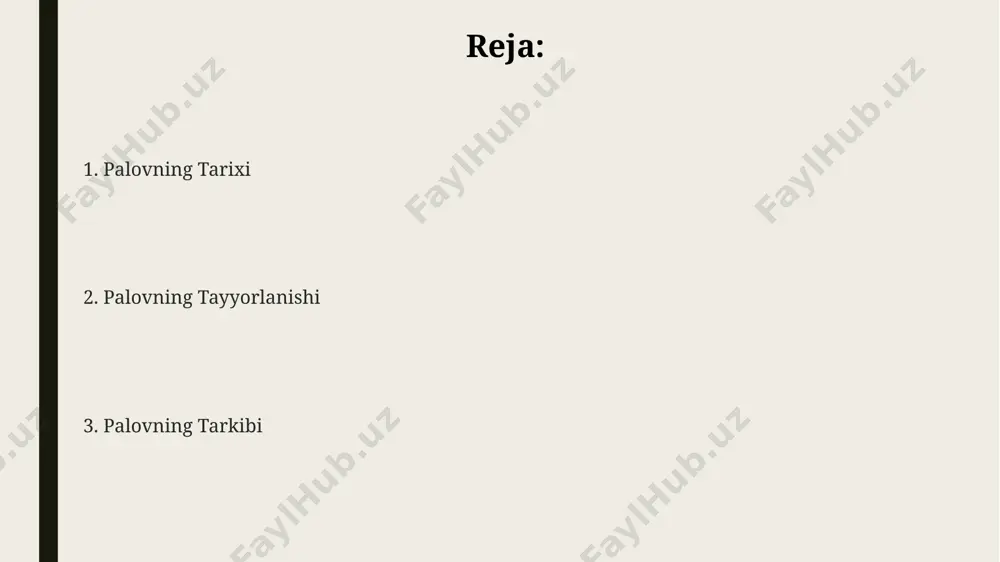an guruchning 20 dan ortiq xili mavjud bo'lib, ularning 7 turi samarqand viloyatida yetishtiriladi va navlari ta'm va pishirish vaqti bilan farqlanadi. an'anaviy palov retseptlarida taxminan 1 kg guruchga 300 grammdan 500 grammgacha qo'y go'shti qo'shiladi, guruchning sifati va naviga qarab bu nisbat biroz o'zgaradi. plovning asosiy ingredientlari: go'sht farg'ona vodiysidagi ba'zi hududlarda palovga 2 kg gacha qo'yning yog'li qismi qo'shilib, 1,5 kg dan ortiq go'sht bilan birga pishiriladi. an'anaviy andijon palovi retseptida taxminan 500 grammdan 700 grammgacha marmar go'sht ishlatilib, taomga o'zgacha lazzat bag'ishlaydi. navoiy viloyatida tayyorlanadigan palovlarda 300 grammdan ortiq qo'y go'shti, yog'i bilan birga ishlatiladi, bu esa taomga boy mazani beradi. plovning tarixi маргилон шаҳридаги xviii аср бошларига оид ёзма манбаларда палавининг алоҳида навларнинг мавжудлиги, масалан, "тошкент палави" ёки "самарқанд палави" ҳақида маълумот берилган. xix аср охирида россия империясининг турли ҳудудларидаги ошпазлик китобларида ўзбек палавининг 5-6 та асосий рецепти тасвирланган, бу унинг рус ошхонасига таъсирини кўрсатади. xvi …