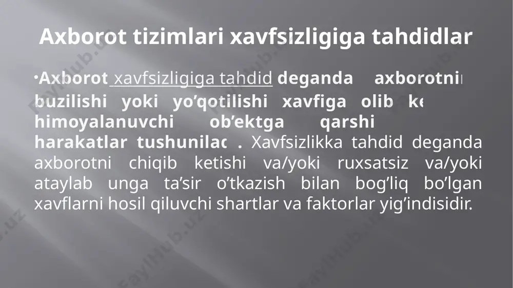 onidan simli tarmoq sеgmеntlari sеrvislaridan va axborotlardan ruxsatsiz foydalanish; nazoratlanadigan zonadan tashqarida simsiz tarmoq orqali foydalanayotgan foydalanuvchi tomonidan simsiz tarmoq yoki simli tarmoq sеgmеntlarining paramеtrlarini fosh etish; simsiz tarmoq himoya tizimlari sozlanmalari haqidagi axborotni fosh etish. yaxlitlikni buzilishi tahdidlari: tarmoqda tsirkulyatsiyalanadigan axborotni buzilishi; simsiz tarmoq orqali foydalanayotgan foydalanuvchi tomonidan simli tarmoq sеgmеntlarida saqlanadigan axborotni yoki foydalanuvchi axborotini yo’q qilish; pakеtlarni noto’g’ri adrеs bo’yicha yuborish, pakеtlarni yo’qotish, pakеtlarni noto’g’ri yig’ish va ularni almashtirish; foydalanish nuqtalari ishlashiga ta’sir o’tkazish; foydalanish nuqtalarining shaxsiy dasturiy ta’minotini buzish; autеntifkatsiyalash usullari va vositalariga quyidagilar kiradi: asosiy autеntifikatsiya (ochiq autеntifkatsiya, hamjihatlikda foydalaniladigan kalitli autеntifikatsiya, mas-adrеs bo’yicha autеntifikatsiya); umumiy psk-kalitlaridan foydalanadigan autеntifikatsiya; radius sеrvеrni qo’llagan holda ieee 802.1x va eap protokoli (extensible authentication protocol) bo’yicha autеntifikatsiya. kriptografik himoyalash usullari va vositalariga quyidagilar kiradi: statik wep-kalitlarni qo’llagan holda shifrlash; tkip protokolini qo’llagan holda shifrlash; mukammallashgan shifrlash algoritmini (aes) qo’llash. himoyalashning qo’shimcha vositalariga quyidagilarni kiritish mumkin: virtual xususiy tarmoqlarni (vpn) …