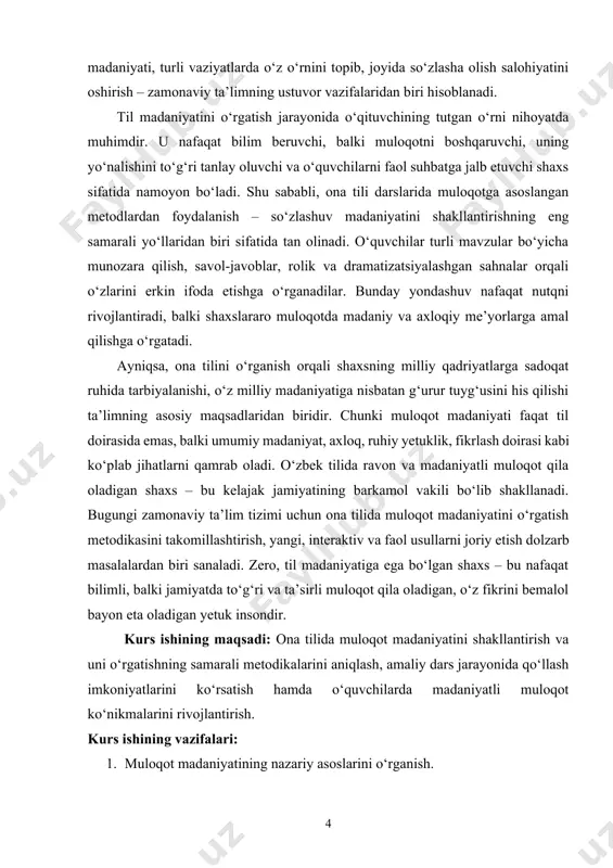 psixologiyada, balki tilshunoslikda ham alohida o‘ringa ega bo‘lgan ilmiy muammolardan biridir. muloqot madaniyati deganda insonlar o‘rtasidagi fikr almashish, axborot yetkazish, munosabatga kirishish va bahs yuritish jarayonida adabiy til me’yorlariga, axloqiy normalarga, muomala odoblariga rioya qilgan holdagi madaniyatli, to‘g‘ri va samimiy nutq faoliyati tushuniladi. bu jarayonda nutqning tozaligi, aniqligi, mantiqiyligi, izchilligi, muvofiqligi, shuningdek, nutqiy etika, o‘rni va mavqeiga mos uslub tanlovi muhim ahamiyat kasb etadi[footnoteref:1]. [1: nematov a. “muloqot madaniyati va etikasi”. – toshkent: o‘qituvchi, 2016.] tilshunoslik nuqtayi nazaridan qaralganda, muloqot madaniyati tilning jamiyatdagi funksional imkoniyatlarini ochib beradi. nutq madaniyati, stilistika, pragmatika, kommunikativ lingvistika kabi sohalar aynan muloqotning til vositalari bilan qanday amalga oshishini o‘rganadi. bu yo‘nalishlar orqali muloqotning semantik, stilistik, ekspressiv, kommunikativ va funksional jihatlari chuqur tahlil qilinadi. ayniqsa, nutq etiketlari, muomala uslublari, rasmiy va norasmiy muloqotlar orasidagi farqlar, kontekstga mos so‘z tanlovi va situatsiyaga qarab uslub o‘zgartirish kabi masalalar muloqot madaniyatining asosiy tarkibiy qismlarini tashkil etadi. shu bilan birga, …