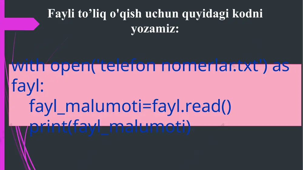lines) file.close() write() usuli ‘write()’ usuli faylga matn yozadi. misol: file = open('example.txt', 'w') file.write('bu yangi satr.\n') file.close() close() usuli close() usuli ochilgan faylni yopadi va resurslarni bo'shatadi. bu amal har doim fayl bilan ish tugagandan keyin bajarilishi kerak. misol: file = open('example.txt', 'r') # fayl bilan biror amal bajarish file.close() os moduli va remove() usuli os moduli operatsion tizim bilan ishlash uchun ko'plab funksiyalarni taqdim etadi. faylni o'chirish uchun remove() usulidan foydalaniladi. misol: import os os.remove('example.txt') fayl mavjud bo'lmasa, filenotfounderror xatosi yuzaga keladi. foydalanilgan adabiyotlar 1. "python crash course, 3rd edition" – by eric matthes (2023) - ushbu kitob python dasturlash tilini tezda o'rganish va amaliy loyihalar bilan mustahkamlash uchun mo‘ljallangan. 2. "fluent python, 2nd edition" – by luciano ramalho (2022) - kitob python’ning ilg‘or xususiyatlarini chuqur o'rganish va samarali dasturlash usullarini tushuntiradi. 3. "automate the boring stuff with python, 2nd edition" – by al sweigart (2021) - python …