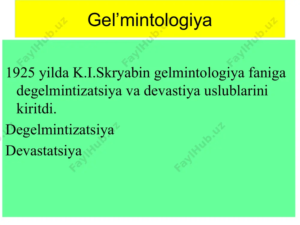 dir. kur ichakda, yug'on ichakning yuqori qismida, baʼzan chuvalchangsimon usimtada parazitlik qiladi. urgochisini uzunligi 3 - 5 sm., erkagida orqa uchi gajak bo’lib qayrilgan. jinsiy demorfizm rivojlangan. qon bilan oziqlanadi. odamga alimentar usulda, tuxumlari orqali yuqadi. yetuk shakli odam organizmida 5 - 6 yil-gacha yashashi mumkin. trixotsefalyozning rivojlanish sikli 1 - xujayin organizmidagi yetuk shakli, 2 – urug’langan tuxum, 3 – yetilgan lichinkaga ega bo’lgan invazion tuxum; 4 – yuqishi mumkin bo’lgan sabzavotlar аnkilostoma - ancylostoma duodenale a – urgochisi b- erkagi аnkilostomoz qo’zgatuvchisi; аntroponoz; geogel’mint; tarqalishi; ulchami; og’iz kapsulasida 4 ta xitini tishlari bo’lib, ular yordamida yopishib oladi, qon bilan oziqlanadi. аnkilostoma - ancylostoma duodenale tuxumlari axlat orqali tuproqqa tushadi. qulay sharoitda (25-27 s)1-2 kundan keyin rabditsimon lichinka chiqadi. 2-3 kundan keyin to’llab filyariyasimon lichinkaga aylanadi. ular odam uchun invazion bo’lib, teri orqali(faol invaziya) yoki og’iz orqali ovqat va suv bilan( nofaol invaziya) yuqadi. анкилостома egri boshli gijja - …