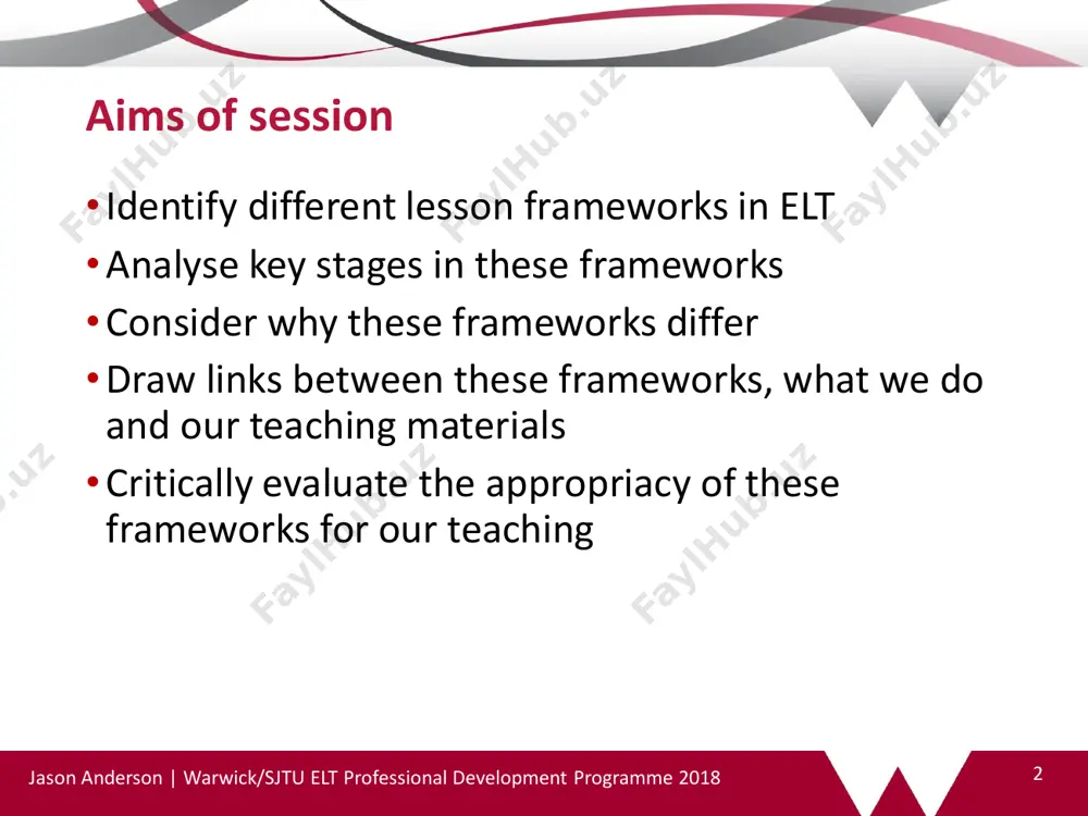 y are there so many different options? jason anderson | warwick/sjtu elt professional development programme 2018 7 jason anderson | warwick/sjtu elt professional development programme 2018 8 context analysis practice speakout elementary eales & oakes 2011 pearson coursebook analysis – what frameworks can we find/develop? •work in pairs. •choose a coursebook that you use in your own classrooms. • identify a ‘lesson’ in the coursebook. •what framework is implicit (assumed) in the lesson? •how could you adapt it to a different framework? (make brief notes) • if time, do this for a second lesson. jason anderson | warwick/sjtu elt professional development programme 2018 9 sharing •present your ideas to a different pair. •give feedback to each other on the different framework chosen: • does it improve the original lesson in your opinion? •would it work in your classroom? jason anderson | warwick/sjtu elt professional development programme 2018 10 critical evaluation …
