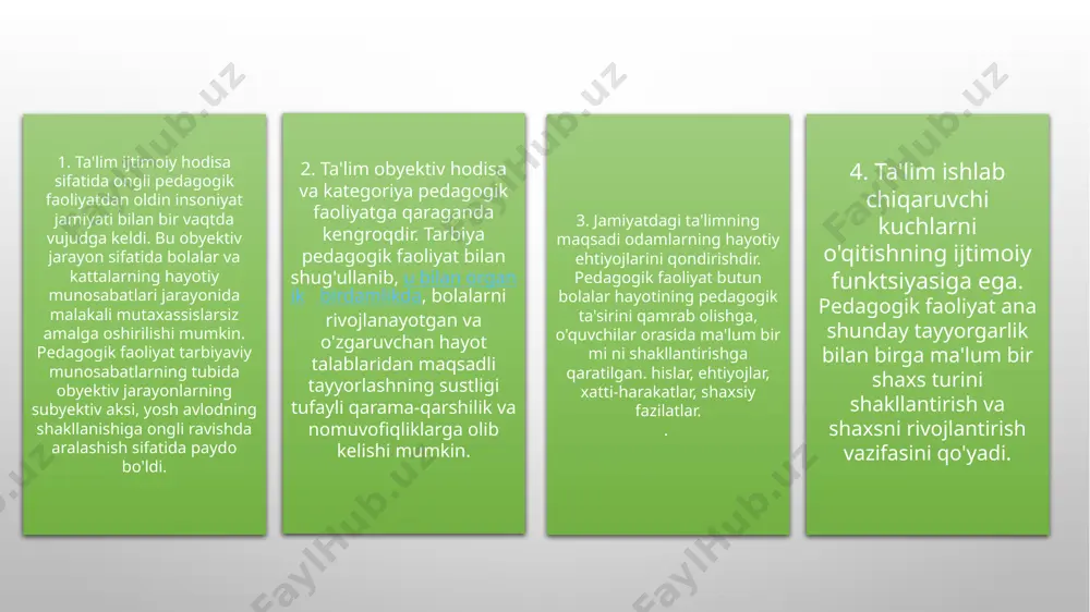 faoliyatda ishtirok etish, innovatsiyalarni ishlab chiqish va joriy qilish; ta’lim tashkilotini boshqarishda, shuningdek ta’lim tashkilotining faoliyati bilan bog‘liq masalalarni muhokama qilishda ishtirok etish; kasaba uyushmalari va nodavlat notijorat tashkilotlari a’zosi bo‘lish, xodimlarining vakillari bo‘lish, fuqarolik jamiyati boshqa institutlari faoliyatida qatnashish; o‘z kasbiy huquqlarini va umumiy manfaatlarni ifoda etish hamda himoya qilish uchun pedagog xodimlarning jamoat birlashmalariga birlashish; o‘z kasbiy faoliyatiga aralashuvdan himoyalanish; davlat sog‘liqni saqlash muassasalarida bepul tibbiy ko‘rikdan o‘tish (davlat ta’lim muassasalari va tashkilotlari uchun); ta’lim oluvchilarning huquqlari va qonuniy manfaatlarini himoya qilishda ishtirok etish. 46-modda. pedagog xodimlarning majburiyatlari pedagog xodimlar: ta’lim-tarbiya jarayoni ishtirokchilarining sha’ni, qadr-qimmati va ishchanlik obro‘sini hurmat qilishi; o‘quv mashg‘ulotlarini sifatli o‘tkazishi; axborot-kommunikatsiya texnologiyalaridan, o‘qitish va tarbiyaning ilg‘or hamda innovatsion shakllari va usullaridan foydalanishi; ta’lim oluvchilarning psixologik va o‘ziga xos xususiyatlarini, jismoniy va ruhiy salomatligini, fiziologik rivojlanishini hisobga olishi, jismoniy, aqliy, sensor (sezgi) yoki ruhiy nuqsonlari bo‘lgan shaxslarni o‘qitish uchun shart-sharoitlar yaratilishiga e’tibor qaratishi; voyaga yetmagan …