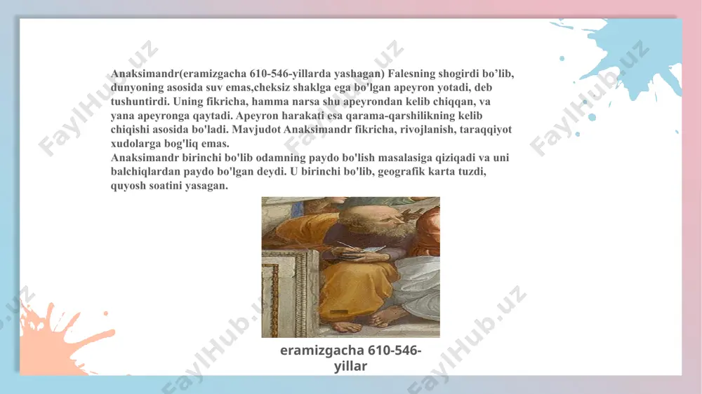 berdi (falsafa, matematika, fizika). uning fikricha, falsafa borliq to'g'risidagi fan, matematika va fizika borliqning ba'zi xususiyatlari to'g'risidagi fandir. aristotel platonning davlat nazariyasini tanqid qildi va quldorlik tuzumini tan oldi. u falsafa fanini amaliy faoliyatdan ajratib oldi, ya'ni bilim moddiy manfaatdan yiroq bo'lsa, ilmiyroq bo'ladi, deydi.aristotel' obyektiv tabiatni bilishni, bilimning asosiy sharti deydi, lekin u izchil materializm pozitsiyasiga o'ta olmadi. materiya aristotelning fikricha, passiv imkoniyat, shakl faol o'zgarish manbaidir. materiya bilan harakat o'rtasidagi bog'lanishni ko'rsatib, harakat, o'zgarishning manbai ekanligini aytsa-da, lekin harakat, buyumlarning ichki ziddiyatlarida ekanligini ko'ra olmadi. eramizgacha 384-322-yillar 10 g‘arbda ham, sharqda ham faylasuflar narsalar va hodisalarni o‘rganish, tahlil qilish, tushuntirishning o‘z metodlarini yaratganlar. yangi davr tadqiqotchilari, gegeldan boshlab, ikki asosiy falsafiy metod – dialektik va metafizik metodlarni ilgari surganlar. qadimgi dunyo falsafasi rivojlangan sharoitda bu metodlar faylasuflar tomonidan ongli ravishda idrok etilmagan. ular stixiyali, aniqroq aytganda, falsafiy ta’limotlar, tizimlar va qarashlarga ichdan xos bo‘lgan metodlar sifatida amal qilgan. …