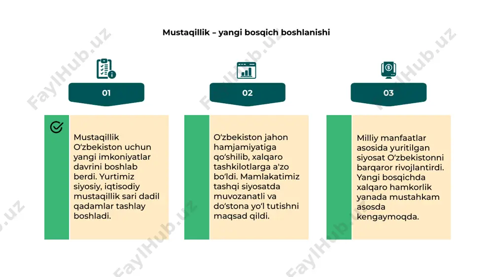 oshlar va taʼlimda xalqaro dasturlar oʻzbekiston jahon hamjamiyatiga integratsiyalashuvi doirasida taʼlim tizimini rivojlantirishga katta eʼtibor qaratmoqda, jumladan xorijiy davlatlar bilan hamkorlik kengaymoqda. yoshlar uchun xalqaro talim dasturlari orqali chet elda o'qish imkoniyatlari yaratilmoqda, bu esa ularning bilim va tajribalarini boyitishga xizmat qiladi. fulbright, erasmus+ kabi global dasturlarda ishtirok etish oʻzbekiston yoshlari uchun yangi ufqlar ochib, raqobatbardosh mutaxassislar tayyorlashga yordam bermoqda. turizm orqali oʻzbekistonning tanilishi 01. oʻzbekistonning boy tarixi va madaniy merosi ko‘plab sayyohlarni jalb qilib, mamlakatni jahon hamjamiyatiga muvaffaqiyatli integratsiyalashuviga xizmat qilmoqda. turizm sohasi orqali oʻzbekiston o‘zining qadimiy shaharlarini, milliy san’atini va mehmondo‘stligini namoyish etib, xalqaro e’tibor qozonmoqda. sayyohlik infratuzilmasining rivojlanishi va global hamkorliklar oʻzbekistonni dunyo xaritasida tanitishda muhim rol o‘ynaydi va do‘stlik aloqalarini mustahkamlaydi. 02. 03. oʻzbekistonning global xavfsizlikdagi roli 01 02 03 oʻzbekiston soʻnggi yillarda jahon hamjamiyatiga faol kirib borib, xalqaro muloqot va hamkorlikda muhim oʻrin egallab bormoqda. bu yondashuv global e’tibor markazida. mamlakatimiz mintaqaviy xavfsizlik, chegaralarni mustahkamlash …