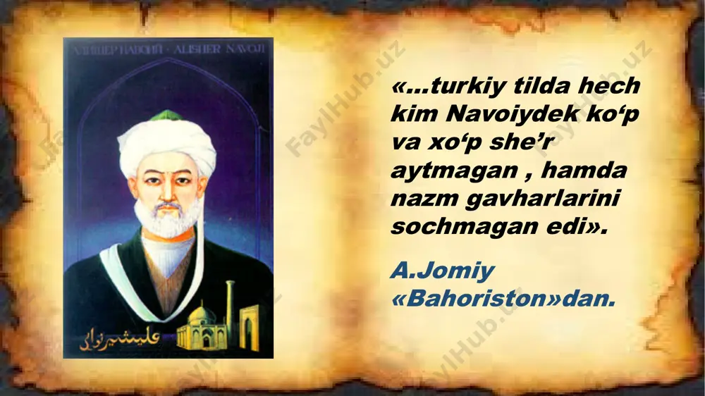 i). * * * * * * kimki, yolg’on so’zni birovga to’nkagay, o’z qora yuzini yog’ga bulaydi. (ozgina yolg’on ham ulug’ gunohdir; ozgina zahar ham halok qiluvchidir). alisher navoiy 1501-yil 3-yanvarda vafot etgan. butun hirot xalqi o`zining buyuk shoiri bilan xayrlashishga chiqqan va 7 kun davomida motam tutgan. alisher navoiyga moskva va boku shaharlarida haykal o`rnatilgan. alisher navoiyga tokio shahrida haykal o`rnatilgan. o`zbekiston milliy bog`idagi alisher navoiy haykali alisher navoiy nomidagi o’zbekiston milliy kutubxonasi alisher navoiy buyuk zot. u tarixda o’z nomini qoldirib ketdi. navoiy yashab ijod qilgan davrdan bir necha asrlar o’tibdiki biz uni hamon xotirlaymiz. navoiy o’zining ijodi, ma’naviy merosi ila yuragimizda yashaydi. bu buyuk zotga hurmatimiz cheksiz. maktablar, mahallalar, kutubxonalar-u ko’chalarga alisher navoiy nomi berilgan. alisher navoiy merosining hajmi 100 ming baytdan iboratdir. alisher navoiy o`zbek tilining asoschisi. u boy she`riy, nasriy va ilmiy meros qoldirgan bo`lib, o`zbek adabiyotini jahon yuksakligiga ko`tardi. alisher navoiy- komil inson shoir …