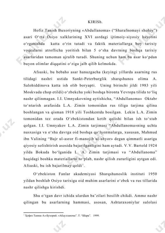 o nashr qilingan bu asarlarning hammasi, asosan, ashtaraxoniylar sulolasi hukmronlik qilgan (1602 - 1753) va jisman temuriylarga oiddir. ma’lumki, o‘rta osiyoning shayboniylar sulolasi hukmronlik kilgan davri (1500 - 1602 )dagi ijtimoiy va siyosiy hayoti ham yoritilgan. bu, albatta, turli shaharlar va mamlakatlarning qo‘lyozma fondlarida saqlanayotgan xvi asrga oid tarixiy manbalarning nashr kilinmay kelinayotganligi sabablidir. “tarixi guzidayi nusratnoma” (muallifi noma’lum), «shayboniynoma» (kamoliddin binoiy) va «mehmonnomayi buxoro» (fazlulloh ibn ruzbehon), shuningdek, xofiz tanish buxoriyning “abdullanoma” asari shu davrga oid kimmatli manbalardandir. bularning ayrimlari o‘zbek va rus tillarida nashrga tayyorlash ishlari endigina boshlandi. «abdullanoma” asosan abdullaxon iining tug‘ilgan yiliga (940/1533-34)dan to 997/1588-89 yilgacha o‘rta osiyo, qozog‘iston va qisman afg‘oniston va xurosonda bo‘lgan siyosiy voqealarni o‘z ichiga oladi. asarning qariyb 46 varaqdan iborat muqaddimasi ilgari yozilgan boshqa asarlar asosida tuzilgan bo‘lib, unda abdullaxonning nasabi, xv va xvi asrning birinchi choragida mo‘g‘ulistonda bo‘lgan siyosiy ahvol qisqacha bayon qilinadi[footnoteref:2]. [2: “шарафномаи шоҳий”. варақ 16-466.] muallif o‘zidan …