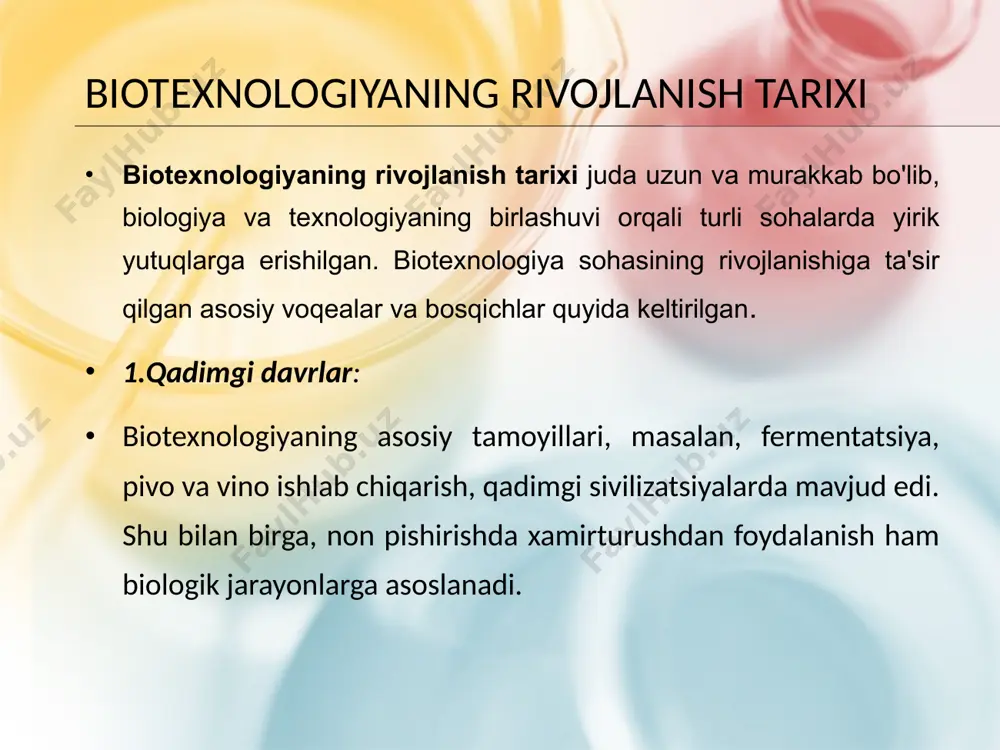 ni o‘rganadi. o‘quvchilarga agrobiotexnologik ilm-fan, agrar sohada genetik tahrir va selektsiya jarayonlari haqida bilimlar beriladi. 9 biotexnologiyaning fandagi o'rni biotexnologiyaning fandagi o‘rni katta va har tomonlama ahamiyatga ega. biotexnologiya biologiya, kimyo, fizika, matematika va boshqa fanlarning integratsiyasidan kelib chiqqan ilmiy soha bo‘lib, u tabiiy jarayonlar va resurslarni ishlatib, yangi texnologiyalarni ishlab chiqishga qaratilgan. biotexnologiya, asosan, biologik tizimlarni, mikroorganizmlarni, o‘simliklar va hayvonlarni tekshirish va ular yordamida yangi mahsulotlar yaratishga asoslanadi. ushbu soha turli fanlarning o‘zaro bog‘lanishida, ilmiy tajriba va innovatsiyalarni amalga oshirishda katta rol o‘ynaydi. biotexnologiyaning biologiya sohasidagi o‘rni: biotexnologiya biologiyaning o‘ziga xos bir tarmog‘i bo‘lib, unda biologik jarayonlar va tizimlarni o‘rganish, shu bilan birga, ularni sanoat va tibbiyotda qo‘llash maqsad qilingan. : 10 biotexnologiyaning fandagi o'rni genetika: biotexnologiya genetik muhandislikni va genetik materiallar bilan ishlashni o‘z ichiga oladi. genetik tahrir, genetik modifikatsiya va klonlash kabi usullar genomni o‘zgartirishga imkon beradi. crispr-cas9 kabi genetik tahrirlash texnologiyalari genomik tadqiqotlar va tibbiyotda yangi …