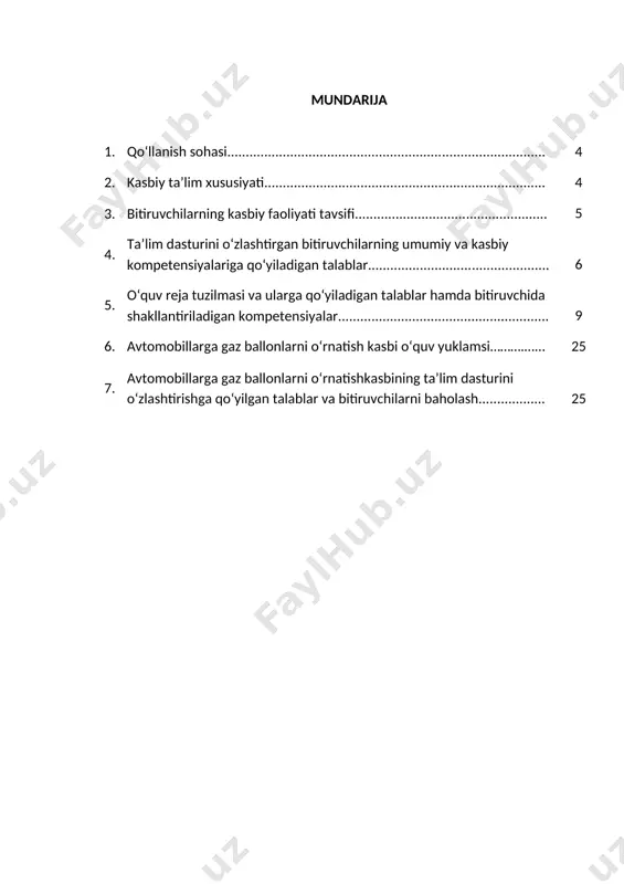 yorlanadi. 3.2.1. gaz ballonlarni o‘rnatish bo‘yicha chilangari kvalifikatsiyasi bo‘yicha: avtomobil agregat va uzellarini kompyu’ter, stendlar (skaner100, skaner x-431 va кес-200) yordamida umumiy tashxislash; gаz bаllоnli аvtоmоbillаr tа’minlаsh tizimining kоnstruksiyasini; rzаа аppаrаturаsi, sаgа-6 аpprаturаsi, gbа-2 аpprаturаsi va nzgа аppаrаturаsidan foydalanish; avtomobil yirik agregatlarini l160 qurilmasi yordamida yuvish; avtomobil agregatlarini ko‘tarish, tushirish ishlarini (ikki, va to‘rt ustunli elektromexanik, gidravlik ko‘targich, mega mg-20 rusumli pnevmogidravlik domkrati )dan foydalanib bajarish; dvigatelning mehanizimlarini texnik holatini nazorat qilushda (ст-ди дд 4120 va ипс-ди дд 4210 rusumli kompressmetrlar) dan foydalanish; dvigateldagi shovqinlar va taqillashlarni stetaskop qurilmasi orqali eshitib aniqlash; avtomobillarning ta’minlash tizimini diagnostika qilishda (injektorni tekshiradigan ultiratovushli н4дфба stendidan , yuqori bosimli yonilgi nasosini sinash va rostlashda дд10-01 va ки8910 rusumli, asboblar) dan foydalanish; chiqindi gazlarni nazorat qiluvchi (karburatorli dvigatellar uchun infralit, гаи-1, elkon, tozal, dizel dvigatellar uchun mega-1, mega-2 to‘tun o‘lchagichlar) gazoanalizatordan foydalanish; avtomobillarni elektr jixozlarini diagnostika qilishda (э-214 va э-205) jixozlaridan foydalanish; turli rusumdagi avtomobillarni …