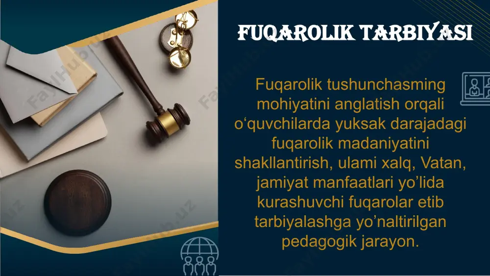 biridir huquq huquqiy faoliyat - huquqiy me’yorlar, qonunlar talablariga nisbatan ongli yondashish, ularga qat’iy va og‘ishmay amal qilish, qonunlami hurmat qilish, ulami shaxs erkini himoya qilish kafolati sifatida e’tirof etish, huquqiy munosabatlar jarayonidagi faol ishtirokni tashkil etishga yo'naltirilgan amaliy xatti-harakatlar majmui. huquqiy madaniyat - bu kishilaming huquqiy bilim darajasi, huquqqa nisbatan ongli munosabati, huquqni hurmat qilish va unga rioya qilishdir. huquqiy madaniyat murakkab, serqirra hodisa bo‘lib, u eng avvalo, huquqiy ongning muayyan darajasi, ya’ni huquqiy voqelikni ongli ravishda tushunib, o‘zlashtirishni; umumiy madaniy asoslar, yuksak madaniylik darajasi, milliy negizlari va manbalar, tarixiy xotira, urf-odatlar va an'ana! ami; aholi tomonidan qonunlami bilishning tegishli darajasi, huquq normalariga hurmatning yuqori darajasini, ular riufuzini; huquqiy faoliyat, huquqiy ijodkorlik, huquqni muhofaza etish, boshqaruv va boshqa organlar ishining samarali usullarini hamda fuqarolar va mansabdor shaxslaming qonunga itoatkorligini talab etadi. e’tiboringiz uchun rahmat image3.jpeg image4.png image5.png image2.png image6.jpeg image7.png image8.png image9.jpeg image1.png image10.jpeg image11.png