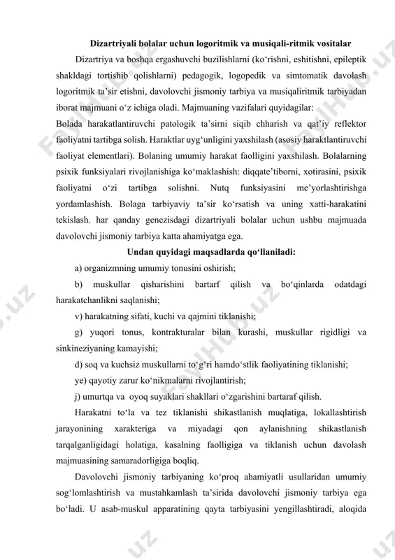 ko‘proq ahamiyatli usullaridan umumiy sog‘lomlashtirish va mustahkamlash ta’sirida davolovchi jismoniy tarbiya ega bo‘ladi. u asab-muskul apparatining qayta tarbiyasini yengillashtiradi, aloqida muskul guruqlariga tanlanib ta’sir etadi, muskullar faoliyatini xilma xil qiladi (bo‘shashtiradi, kuchlantirish darajasi va boshqalar), asta-sekin harakatlarni qiyinlashishiga, ularning aniqligini rivojlantirishga va shu bilan birga ortiqcha harakatlardan xalos qilishga va to‘la qimmatlilarini tiklashga imkon beradi. davolovchi jismoniy tarbiyada albatta umumiy mustqkamlovchi mashqlar bilan paretik qo‘l-oyoqlar uchun mashqlar mos keladi. bu harakatlarni yaxshi uyg‘unlashishi va muskullar tonusini tekislash uchun zarur. bundan tashhari, jismoniy tarbiya mashqlari reperkussiv (aks etgan) ta’sir ko‘rsatadi: sog‘lom qo‘l-oyoqlarni va korpusni mashq jarayoniga doimiy kiritib, butun asab-muskul apparatini tezroq qayta tarbiyalashi mumkin. sog‘lom muskullar guruqi uchun bo‘lgan mashqlardan davolovchi gimnastikaning har bir mashg‘ulotini boshlash kerak. paretik qo‘l-oyoqlar uchun maxsus mashqlarni muloaja davomida qo‘p martalab qo‘llaniladi, ular umumiy rivojlantiradigan va nafas olish mashqlari bilan galma-gal bajariladi. davolovchi gimnastikada faol mashqlar ustun turadi, lekin ular albatta passiv harakatlar bilan to‘ldiriladi. …