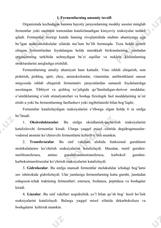 , jumladan oshqozon-ichak traktining fermentlari: esteraza, fosfataza, peptidaza va boshqalar kiradi. 4. liazalar. bu sinf vakillari nogidrolitik yo’l bilan qo’sh bog’ hosil bo’lish reaksiyalarini katalizlaydi. bularga yaqqol misol sifatida dekarboksilaza va boshqalarni keltirish mumkin. 5. izomerazalar. bu fermentlar substratlarni o’zaro almashinuvini katalizlaydi. masalan l-izomeri d-izomerga, glyukozani fruktozaga aylanishini katalizlaydi. 6. ligazalar yoki sintetazalar. bu fermentlar xilma xil sintezlanish reaksiyalarini katalizlaydi va bu reaksiyani makroergik birikmalar energiyasi evaziga amalga oshiradi. 2. sanoat miqyosida ishlab chiqariladigan fermentlar dastlab sanoat miqyosida mikrob fermentlaridan foydalanish 90 yildan oldinroq yo’lga qo’yilgan edi. amaliyotda foydalaniladigan ko’p fermentlar gidrolazalar sinfiga mansub, chunki ularni sanoat biotexnologiyasi yo’li bilan ajratib olish yo’lga qo’yilgan. umumiy ishlab chiqariladigan va amaliyotda foydalaniladigan fermentlarning 99 % ulushi 16 ta preparat hisobiga to’g’ri keladi. ulardan ba’zilarini ko’rib chiqamiz. amilolitik fermentlar jumlasiga alfa-amilaza, beta-amilaza, glikoamilazalar kiradi. ularning ta’siri kraxmal va glikogenni gidrolizida namoyon bo’ladi. kraxmal oldin ancha oddiy polisaharidlar-dekstrinlargacha, keyin esa maltoza va glyukozagacha parchalanadi. …