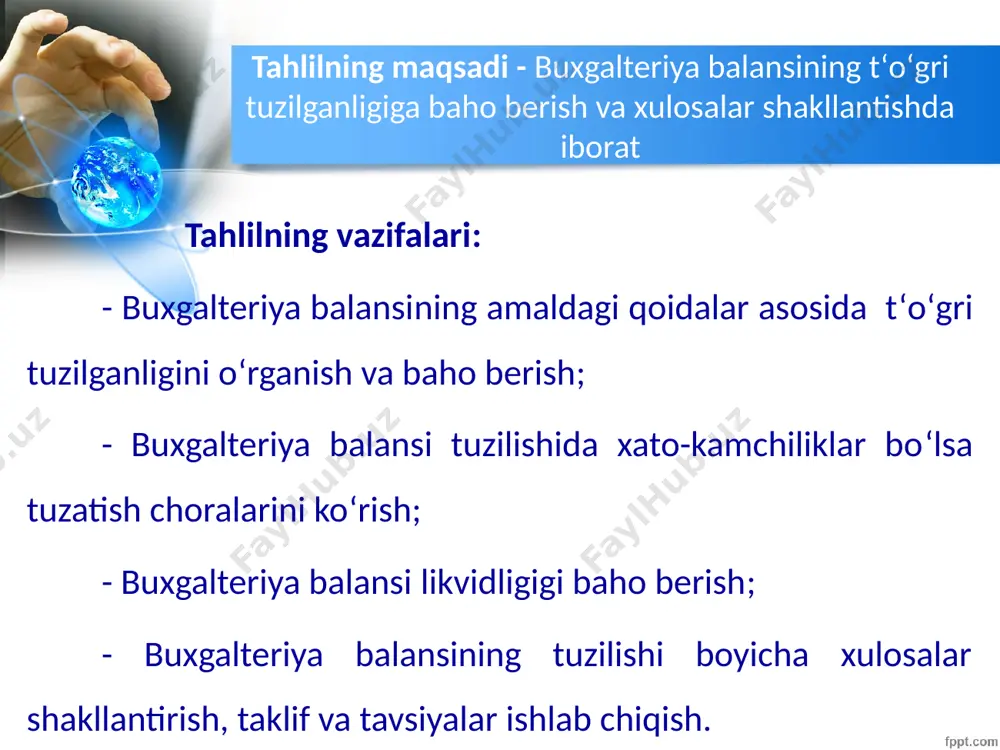 o‘lovlar bo‘yicha qarz 17368 100 36718 211,4 mehnatga haq to‘lash bo‘yicha qarz 155636 100 131115 84,2 qisqa muddatli bank kreditlari 1666666 100 30000000 1800 boshqa kreditorlik qarzlari 856375 100 1644479 192 ii bo‘lim jami 29653651 100 87943705 296,6 balans passivi jami 132870839 100 196149323 147,6 buxgalteriya balansini vertikal tahlili ko‘rsatkichlar nomi yil boshiga yil oxiriga summa, ming so‘m foiz, % summa, ming so‘m foiz, % a k t i v i. uzoq muddatli aktivlar asosiy vositalar 39606443 30 30970415 16 uzoq muddatli investitsiyalar 6985319 5 53447883 27 i bo‘lim jami 46591762 35 84418298 43 ii. joriy aktivlar tovar-moddiy zaxiralar 13320349 10 26121772 13,4 kelgusi davr xarajatlari 14286020 11 14287413 7 kechiktirilgan xarajatlar 0 0 28997033 15,3 debitor qarzlar 11022301 8 40072145 20,2 pul mablag‘lari 258037 0,2 1974662 1 qisqa muddatli investitsiyalar 47392370 35,8 278000 0,1 ii bo‘lim jami 86279077 65 111731025 57 balans aktivi jami 132870839 100 196149323 100 buxgalteriya …