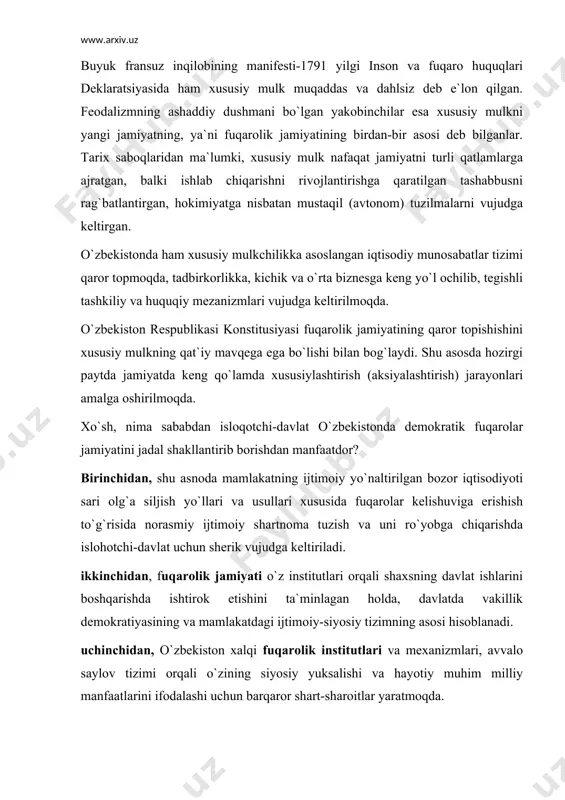 avbatida,uning о`zi turmushning barcha sohalaridagi islohotlar jarayonida bunday faollikning о`sib borishini izchil rag`batlantirib boradi va davlatning byurokratlashuvi, uning institutlari fuqarolarning hayotiy muhim manfaatlaridan uzilib qolishi xavfiga qarshi turadi. «bozor iqtisodiyotiga о`tish davrida,-deydi prezident i.a.karimov,-davlat iqtisodiy erkinliklarning kafolati bо`ladi. ayni shu tufayli davlat iqtisodiyotga о`zining tartibga soluvchi ta`sirini maqbul ravishda о`tkaza oladi».1 ikkinchi jihati. siyosiy nuqtai nazardan baholaganda fuqarolik jamiyatidagi siyosiy tizim va siyosiy boshqaruvning mazmun-mohiyatini huquqiy davlatchilik ifoda etadi. boshqacha aytganda, huquqiy davlat fuqarolik jamiyatining siyosiy mohiyatini, siyosiy shaklini tashkil etadi. bu ikki hodisaning о`zaro munosabati shakl bilan mazmunning о`zaro aloqadorligini aks ettiradi. bundan kelib chiqadigan xulosa shuki, fuqarolik jamiyati tо`la ma`noda mavjud bо`lishining shak-shubhasiz sharti huquqiy davlatning mavjudligidir. va, aksincha, huquqiy davlat faqat fuqarolik jamiyatidek ijtimoiy makonda qaror topishi va faoliyat yuritishi mumkin. fuqarolik jamiyati bilan huquqiy davlatning о`zaro nisbatini iqtisod bilan siyosatning nisbati tarzida izohlash о`rinli bо`ladi. buni о`zbekiston misolida ham yaqqol kо`rish mumkin. zero, iqtisodiy islohatlar tegishli …