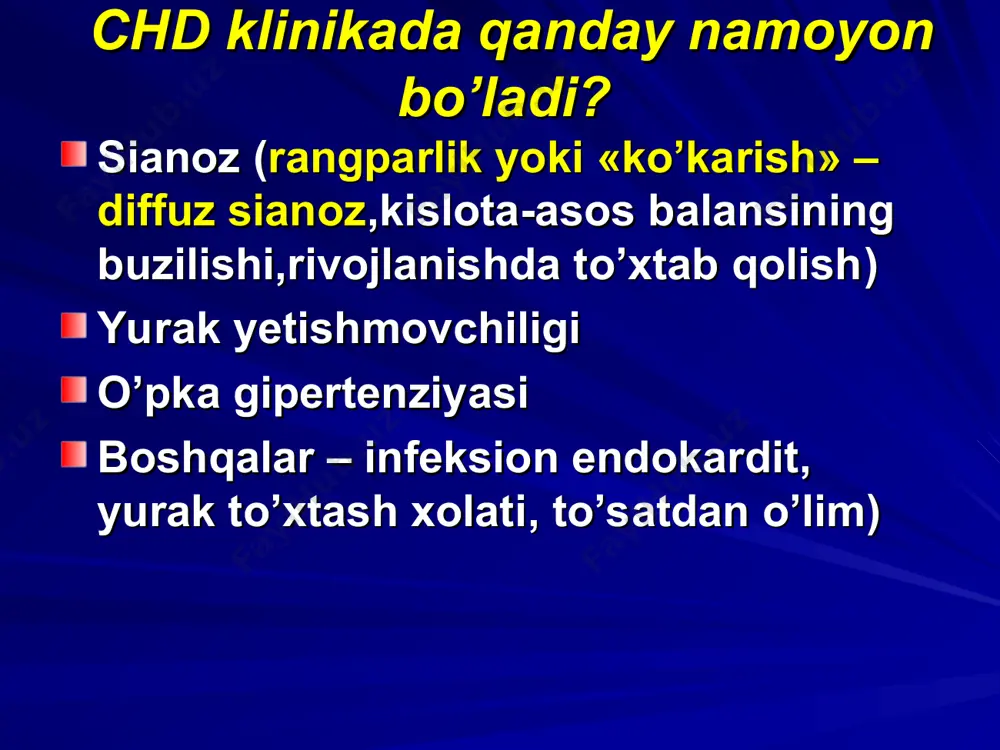 efects, e = central muscular defects, f = inlet defect, g = apical muscular defects. дмжп (схема кровотока) дмжп – ko’krak qafasi rg (sharsimon yurak) дмжп (эхокг) ochiq arterial yo’l (qon oqish sxemasi) оchiq arterial yo’l – ko’krak qafasi rg – yo’l oxaklanishining ko’rinishi ochiq arterial yo’l – transvenoz kirib borish orqali operativ yordam operatsiyaga bemorni tayyorlash: fizik yuklamani cheklash respirator kasalliklar profilaktikasi infeksion endokardit profilaktikasi aaf ingibitiri jarroxlik yo’li bilan davolashga obsolyut ko’rsatma –o’ng qorincha xajmining 2 marta oshishi agar bemor o’z vaqtida operatsiya qilinmasa: i etap - xajmga bog’liq o’pka gipertenziyasi kichik qon aylanish doirasi tomirlarining organik o’zgarishi rivojlanishi natijasida qaytmas jarayonga transformatsiyalanadi ii etap – o’ng kameradaki bosim chapiga teng yoki keyinchalik undan yuqori bo’lganda – defekt orqali qon oqimi yo’nalishi o’zgaradi eyzenmenger sindromi eyzenmenger sindromi eyzenmenger sindromi bor bemorlarni davolash fizik yuklamalarni cheklash oksigenoterapiya nitratlar (+ no ingalatsiyasi) antiagregantlar gemoglobin miqdori 170 g/l dan oshganda – …