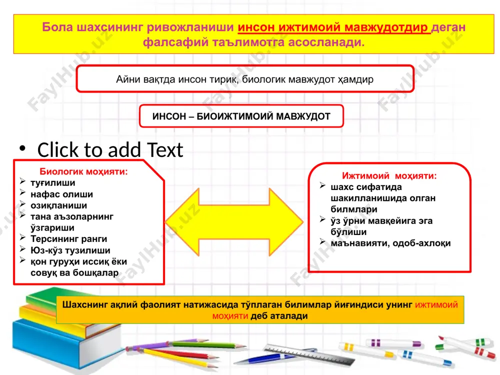 davriga xos bo'lgan anatomik, fiziologik (jismoniy) va psixologik xususiyatlar yosh xususiyatlari deb ataladi. bola orginizmining o'sishi ham, rivojlanishi ham, psixik taraqqiy etishi ham turli yosh davrlarida turlicha bo'ladi. bu borada abu ali ibn sino, yan amos komenskiy, k.d.ushinskiy, abdulla avloniylar ham bolani tarbiyalash zarurligini uqtirib o'tganlar. ibn sino -bolaga ham hali u tug'ilmasdan turib g'amxo'rlik qilish, go'daklik davridan boshlab tarbiyani boshlash zarurligini ta'kidlaydi yan amos komenskiy- insonning rivojlanishi ham 4 davrga bo'linadi; go'daklik, bolalik, o'smirlik, etuklik deb ta'kidlaydi. abdulla avloniy-tarbiya zurriyot dunyoga kelgandan boshlanib, umrning oxiriga qadar davom etadi. u bir qancha bosqichdan — uy, bog'cha, maktab va jamoatchilik tarbiyasidan tashkil topgan. ta'lim nazariyasi quyidagi masalalarning qisqacha sharhi ta'lim nazariyasi quyidagi masalalarning qisqacha sharhi o'quvchilarni haqqoniy, ilmiy dalillar, tushunchalar, qonuniyatlar, nazariyalar bilan tanishtirishga qaratilgan bilimlar tizimi. ta'lim mazmuni o'quv materialini bayon qilishga va uni ta'lim oluvchilar yaxshi bilib olishga qaratilgan yo'l-yo'riq ta'lim metodlari o'quvchilarga ta'lim-tarbiya berishda ta'lim maqsadlariga muvofiq o'qitishning …