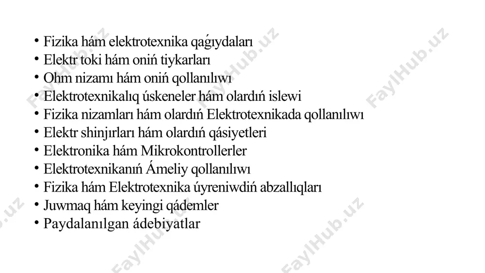 r togı hám qarsılıq arasındaǵı baylanıstı anlatadı: v=i⋅rv = i \cdot r bul jerde vv - voltaj, ii - tok, rr - qarsılıq. kirxoftin nizamları: birlemshi nızam: hárqanday túyinde (noqatta) kirgen toktıń qosındısı shıģıp atırgan toklardıń qosındısına teń boladı. √ikir=√ichiq\sum i_{\text{kir}} = \sum i_{\text{chiq}} ekinshi nızam: elektr shinjırındaǵı hárbir jabıq jolda kernewlerdiń qosındısı nolge teń boladı. √v=0\sum v = 0 3 ohm nizamı hám oniń qollanılıwı 1 ohm nizamı u = i * r 2 kernew (u) elektr energiyasının potencial ayırmashılıǵı. 3 tok (i) zaryadlangan bóleksheler háreketleniw tezligi. 4 qarsılıq (r) tok agımına qarsılıq kórsetiwshi qásiyet. 4 elektrotexnikalıq úskeneler hám olardıń islewi qarsılıqlar (resistors) tok aģımın sheklew hám elektr energiyasın ıssılıqqa aylandırıw ushın qollanıladı. kondensatorlar (capacitors) elektr zaryadın saqlaw hám oni shiģarıw ushin qollanıladı. induktorlar (inductors) elektr togınıń ózgeriwine qarsılıq kórsetiw ushin qollanıladı. tranzistorlar (transistors) elektr signalların kúsheytiw yaki basqarıw ushin qollanıladı. 5 fizika nizamları hám olardıń elektrotexnikada qollanılıwı 1 …