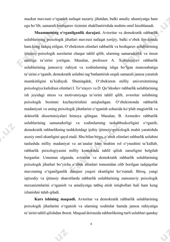 a jamoa ruhiyatiga ta’siri. kurs ishining obyekti. rahbarlik uslublari va ularning boshqaruv jarayonidagi psixologik ta’siri. kurs ishining tuzilishi: kirish, 2 ta bob, umumiy xulosa va foydalanilgan adabiyotlar ro‘yxatidan iborat. i-bob. avtoritar rahbarlikning psixologik jihatlari 1.1. avtoritar rahbarlik uslubining ta’rifi va xususiyatlari avtoritar rahbarlik uslubi boshqaruv tizimlarining eng qadimiy va klassik shakllaridan biridir. bu uslubda rahbar o‘zining qarorlarini mustaqil ravishda qabul qiladi va bu qarorlarning qat’iy bajarilishini ta’minlashga asoslanadi. boshqacha qilib aytganda, avtoritar rahbarlik uslubida rahbar hokimiyatni to‘liq qo‘lida jamlab, barcha boshqaruv jarayonini o‘zi nazorat qiladi. xodimlarning fikrlari, takliflari va tashabbuslari odatda e’tiborga olinmaydi yoki juda cheklangan doirada qabul qilinadi. bu uslubda rahbar va xodimlar o‘rtasida aniq ierarxiya mavjud bo‘lib, qarorlar markazlashgan holda qabul qilinadi. rahbar barcha muhim masalalarda so‘zsiz va yakka hokimiyatga ega bo‘lib, ish jarayonining har bir bosqichini nazorat qiladi. avtoritar rahbarlik uslubining asosiy xususiyati — qaror qabul qilishning to‘liq markazlashuvi hisoblanadi. rahbar o‘zining tajriba va bilimlariga tayangan holda …