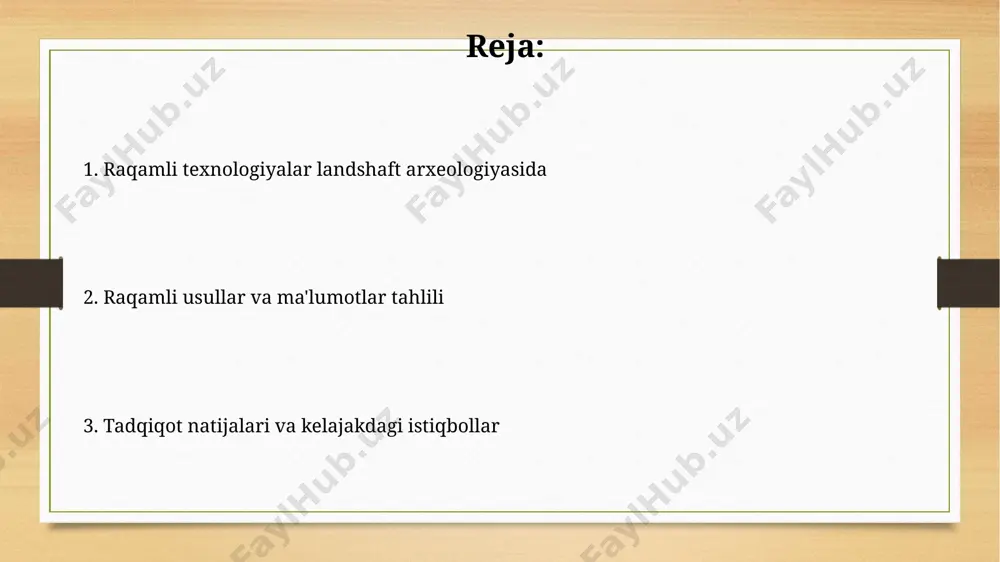 binafsha (uv) diapazonlarini oʻz ichiga olgan giper spektral tasvirlar, rim imperiyasi davriga oid angliyadagi qazish ishlarida, yer ostidagi devorlarning izlarini aniqlashda muhim rol oʻynaydi. geofizik usullar geofizik usullar, masalan, yer osti radar (gpr) texnologiyasi yordamida oʻzbekistonning samarqand viloyatida joylashgan qadimgi shahar xarobalari ostidagi 3 metr chuqurlikdagi inshootlarni aniqlash imkonini beradi. magnitometriya usuli bilan 15 gektar maydonni skanerlash orqali, misrning gʻiza piramidalarida joylashgan nomaʼlum tuzilmalarni aniqlash mumkin, bu esa arxeologik qazish ishlarini samarali rejalashtirishga yordam beradi. raqamli topografiya qashqadaryo viloyatida joylashgan archaologik qazishmalar maydonida 10 sm aniqlikdagi raqamli topografik ma’lumotlar yordamida tuproqning qatlamlarini aniqlash va madaniy qatlamlarning chuqurligini aniqlash mumkin bo‘ldi. raqamli topografiya yordamida o‘zbekistonning samarqand viloyatidagi 500 dan ortiq arxeologik obyektlarning 3d modellari yaratildi, bu esa qadimgi shaharlarning rejalashtirilishi va rivojlanishini batafsil o‘rganish imkonini beradi. lidar texnologiyasi lidar texnologiyasi yordamida 10 sm dan pastdagi relyef detallarini aniqlash mumkin boʻlib, bu esa, masalan, angliyaning stonehenge’i atrofidagi qadimiy yoʻllarni aniqlashda muhim rol …