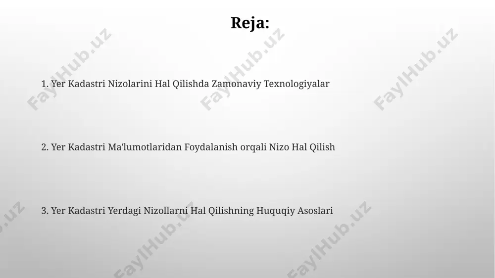 yicha ziddiyatlarni hal qilishda muhim rol o'ynadi. axborot texnologiyalarining qo'llanilishi dronlardan olingan yuqori aniqlikdagi aerofotografik tasvirlar va 3d modellashtirish texnologiyalaridan foydalanib, qashqadaryo viloyatida 1000 dan ortiq yer uchastkalari bo'yicha hududiy bahslarni aniqlash va hal qilish imkoniyati sezilarli darajada yaxshilandi. yer kadastri ma’lumotlar bazasiga sun’iy intellektni qo’llash orqali 30% gacha yer to’g’risidagi nizolarni avtomatlashtirilgan tarzda tahlil qilish va tezroq hal qilish imkoniyati tug’ildi, bu esa toshkent shahri kabi yirik shaharlarda muhim ahamiyat kasb etadi. yer mojarolari sabablari va turlari qoraqalpogʻiston respublikasida 2020-yildan beri suv resurslari kamayishi tufayli qishloq xoʻjaligi yerlarining unumdorligi pasayishi, 30% ga yaqin yerlarning qurgʻoqchilikka uchrashi natijasida yer mojarolari kuchaygan. andijon viloyatining 5 ta tumanida oʻtkazilgan tadqiqotlar shuni koʻrsatdiki, meros qolgan yer uchastkalarining hujjatlari toʻliq boʻlmaganligi tufayli 150 dan ortiq yer mojarosi yuzaga kelgan. kadastral xaritalar va ularning ahamiyati davlat yer kadastri ma'lumotlar bazasida 2023 yil holatiga ko'ra 5 milliondan ortiq yer uchastkasi to'g'risidagi ma'lumotlar saqlanadi, bu yer disputlarini …