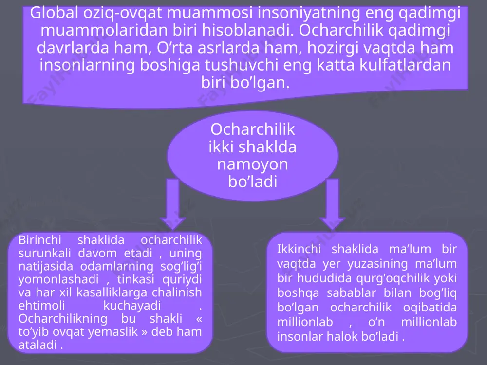 idagi muammolarni hatto juda katta miqdordagi oziq-ovqat yordamini ko’rsatish bilan ham hal etib bo’lmaydi . buning uchun rivojlanayotgan mamlakatlarni iqtisodiy qoloqlikdan chiqarish , iqtisodiy-ijtimoiy taraqqiyotini ta’minlash , qishloq xo’jaligini ko’tarish zarur. internet ma`lumotlari www. hht//. ziyonet. uz www. hht//. googl. ru jahon ijtimoiy iqtisodiy geografiyasi. tosh. 2010 y foydalanilgan adabiyotlar image1.jpeg