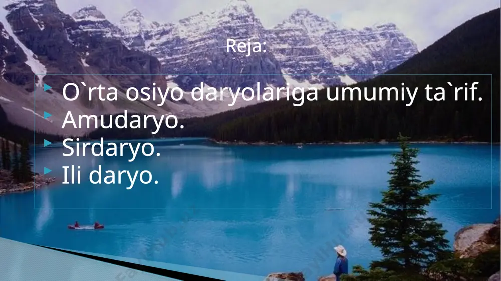 , norin, issiqko'l vodiylari, nurota, zarafshon tog' etaklarida ko'p. amudaryo o'rta osiyoning eng sersuv daryosi. o'rta osiyoning eng sersuv daryosi. uzunligi 2540 km suv to'plash havzasining maydoni 309 ming kv. km. orol dengiziga qadar (salkam 1500 km maso- fada) tekislikda amudaryo sirdaryo o'rta osiyodagi eng uzun daryo uzunligi 3019 km ga vaqin suv havzasi 219 ming kv. km. norin daryosi sirdaryoning bosh qismidir orol dengiziga borib quyiladi ili daryosi uzunligi 1384 km havzasining maydoni 154ming kv. km balxash ko'liga quyiladi asosan, qor va muzliklardan suv oladi kunges va xoliqtog'dan boshlanuvchi tekes daryolari qo'shilishidan hosil bo'ladi mustaqil ish savol va topshiriqlar: 1.o'rta osiyo daryolari suv olish manbayiga qarab qanday turlarga bo'linadi? 2.daryolarning suvlari nimalarga sarf bo'ladi? 3.o'z joyingizdagi daryo haqida gapirib bering. uyga vazifa. yozuvsiz xarita bilan ishlash. savollarga javob yozish. geografiyaga oid yangiliklarni yig’ish diqqatingiz uchun tashakkur! image3.gif image4.gif image5.wmf image6.jpeg image7.gif image8.png image9.png image10.jpeg image11.jpeg image12.gif image13.jpeg image14.jpeg image15.png …